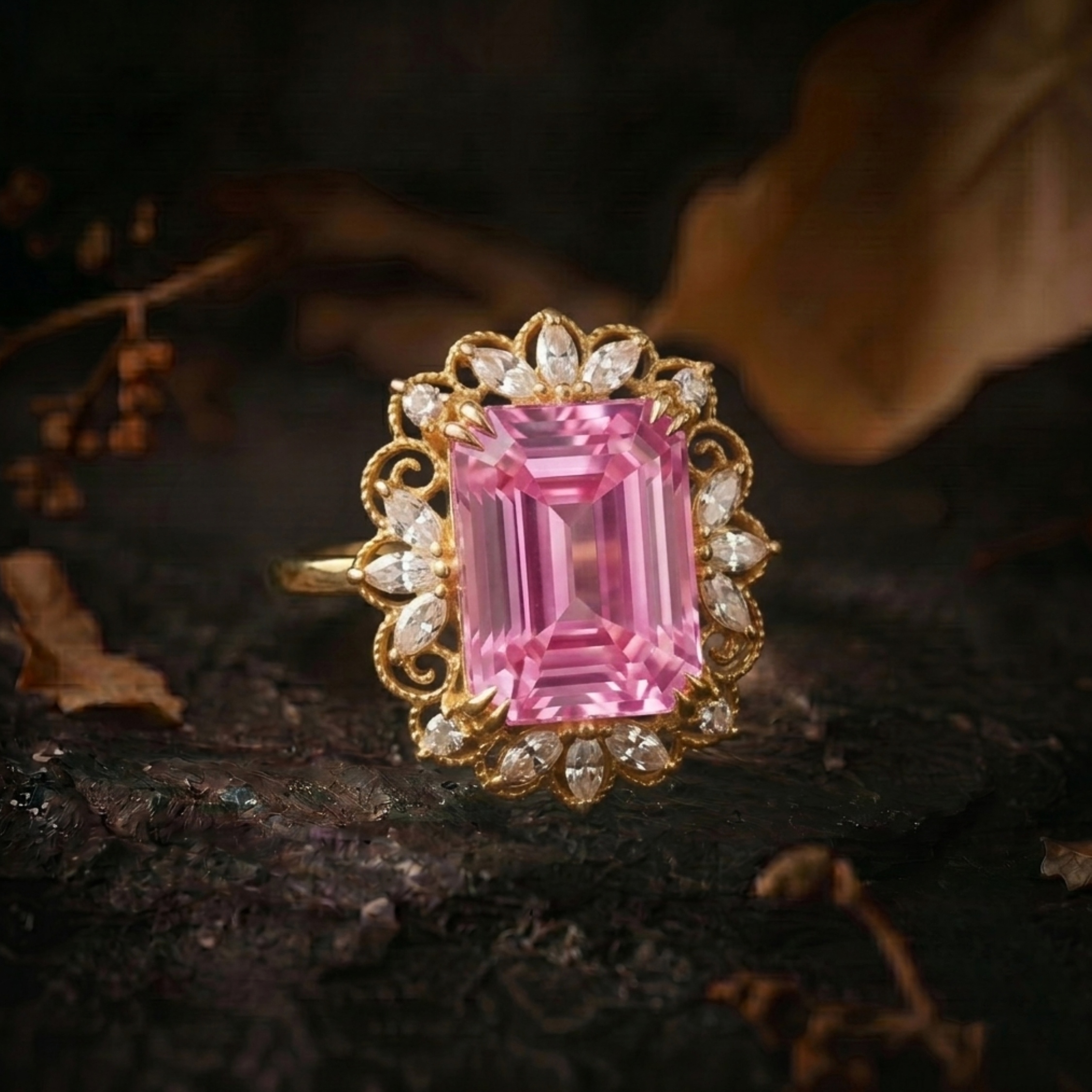 Emerald Cut Pink Sapphire Moissanite Engagement Ring, September Birthstone Promise Moissanite Wedding Ring Anniversary Birthday Gift For Her