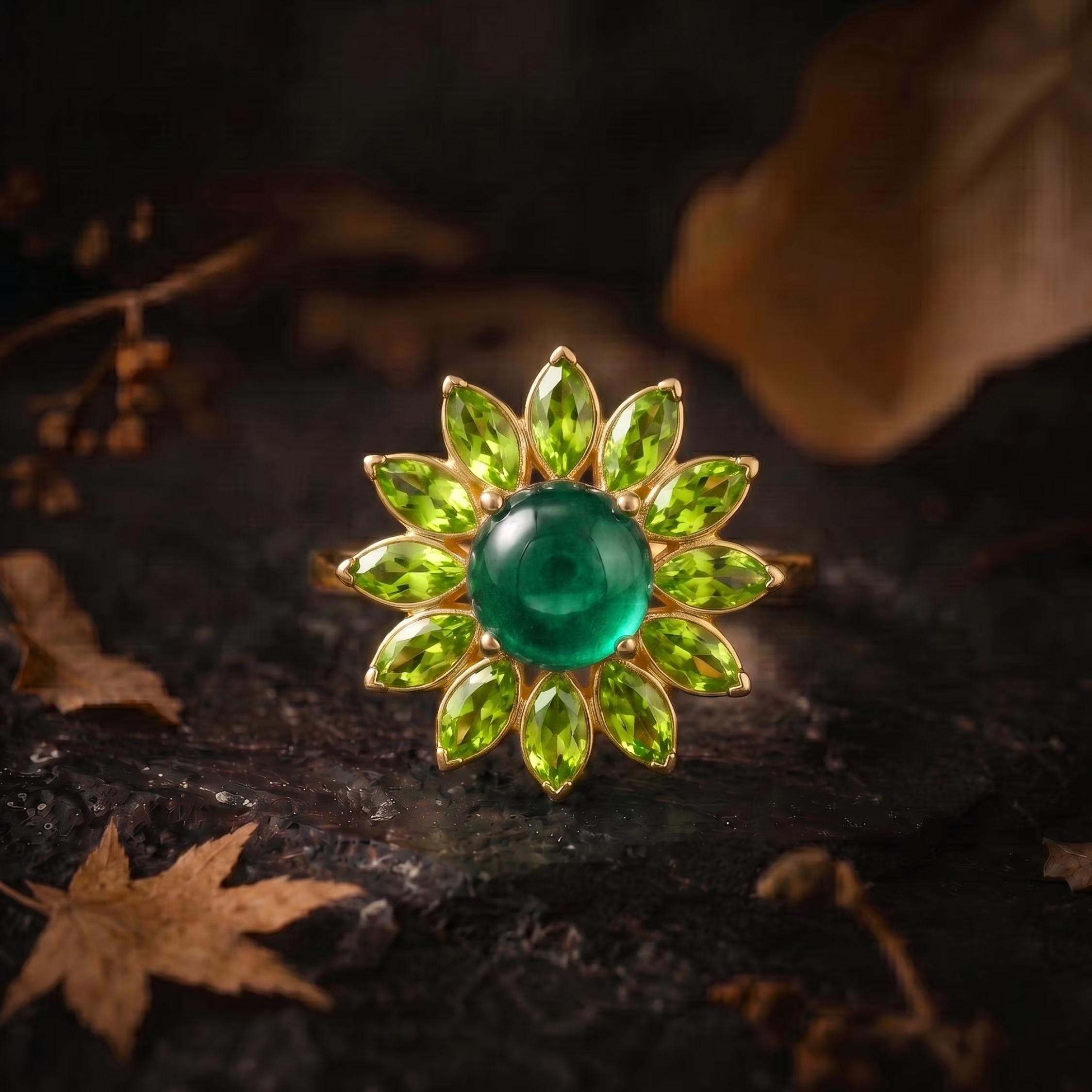 Vintage Art Deco Green Emerald Peridot Flower Halo Engagement Ring, Handmade Nature Inspired Women Jewelry, Fine Green Stone Gift For Women