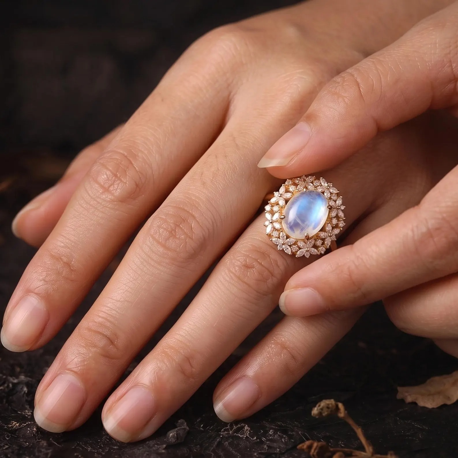 Unique Marquise Cut Flower Moissanite Engagement Ring, 14k Gold Blue Moonstone Floral Twist Promise Ring for Women Oval Nature Inspired Ring