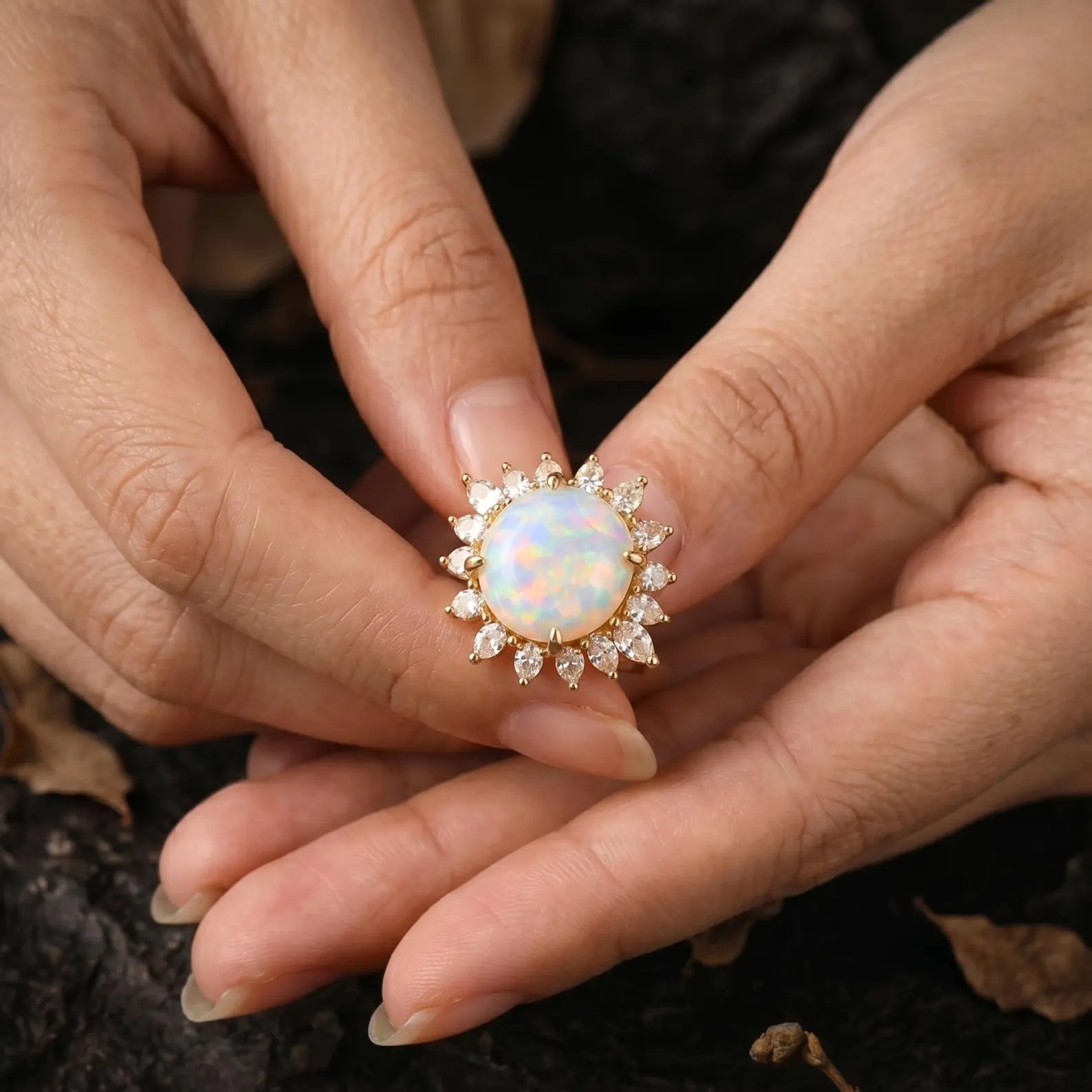 Vintage Round Opal Moissanite Wedding Ring, 14k Gold Two Stone Flower Ring Vintage Fire Opal Promise Hidden Halo Statement Ring Gift for Her