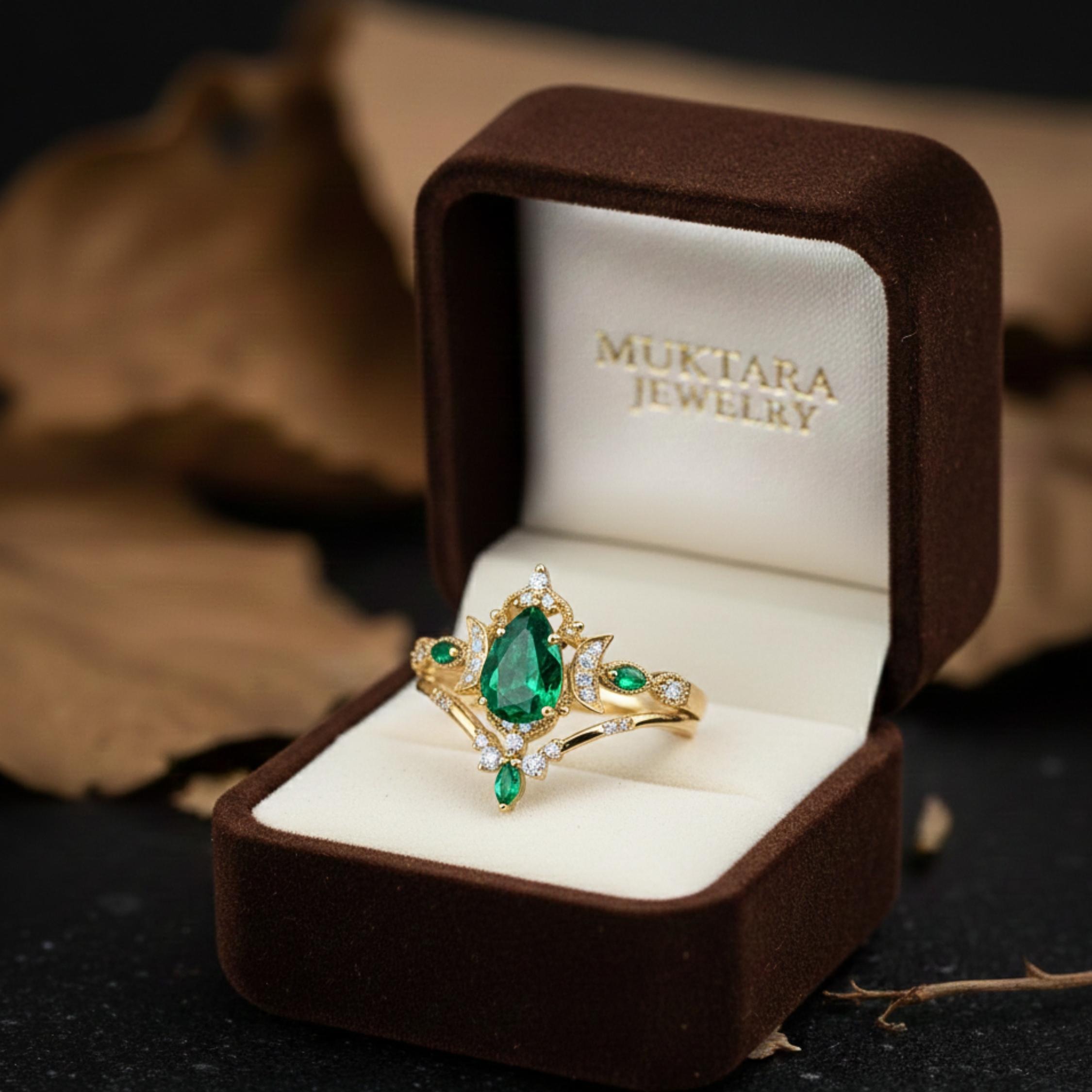 Emerald Moissanite Vine Half Moon Unique floral Engagement ring Pear Shaped Bridal Set Anniversary gift Vintage Wedding Ring Gifts For Women