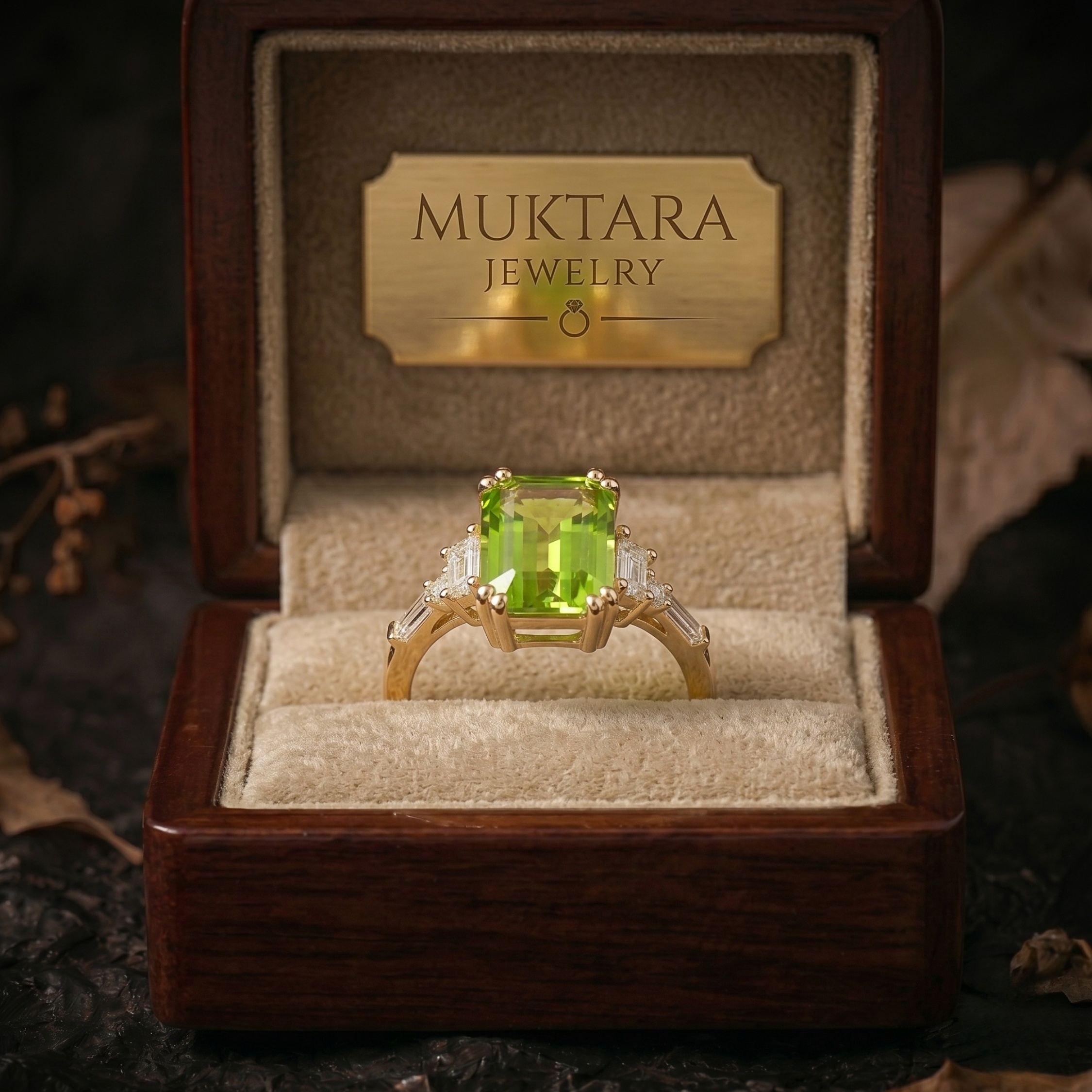 Genuine Emerald Cut Peridot Wedding Ring, 14K Gold Birthstone Jewelry, Moissanite Bridal Engagement Ring, Anniversary Birthday gift for her