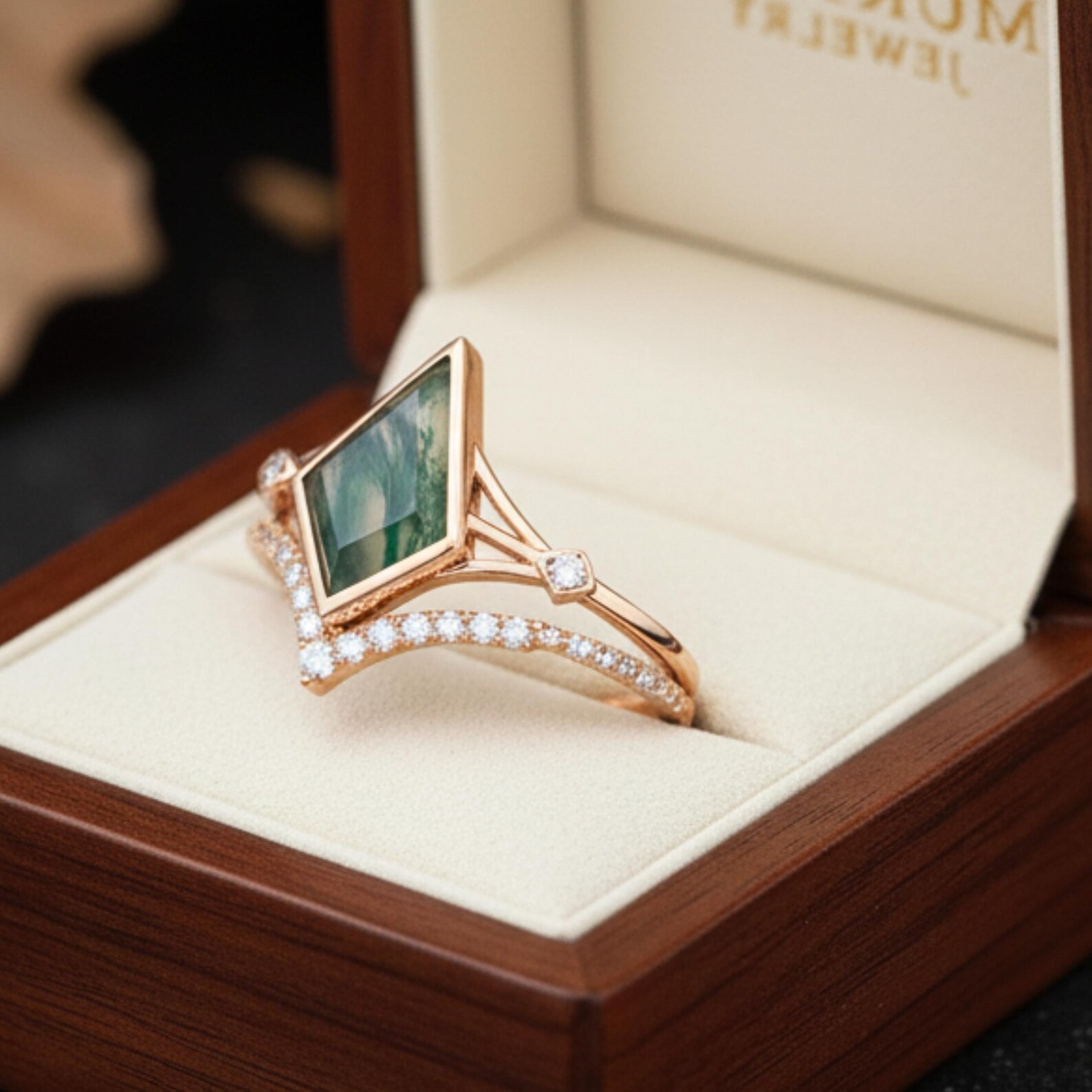 Vintage Kite Cut Green Moss Agate Engagement Ring Set 14k Rose Gold Wedding Moissanite Ring Unique Bridal Jewelry Anniversary Gift For Women