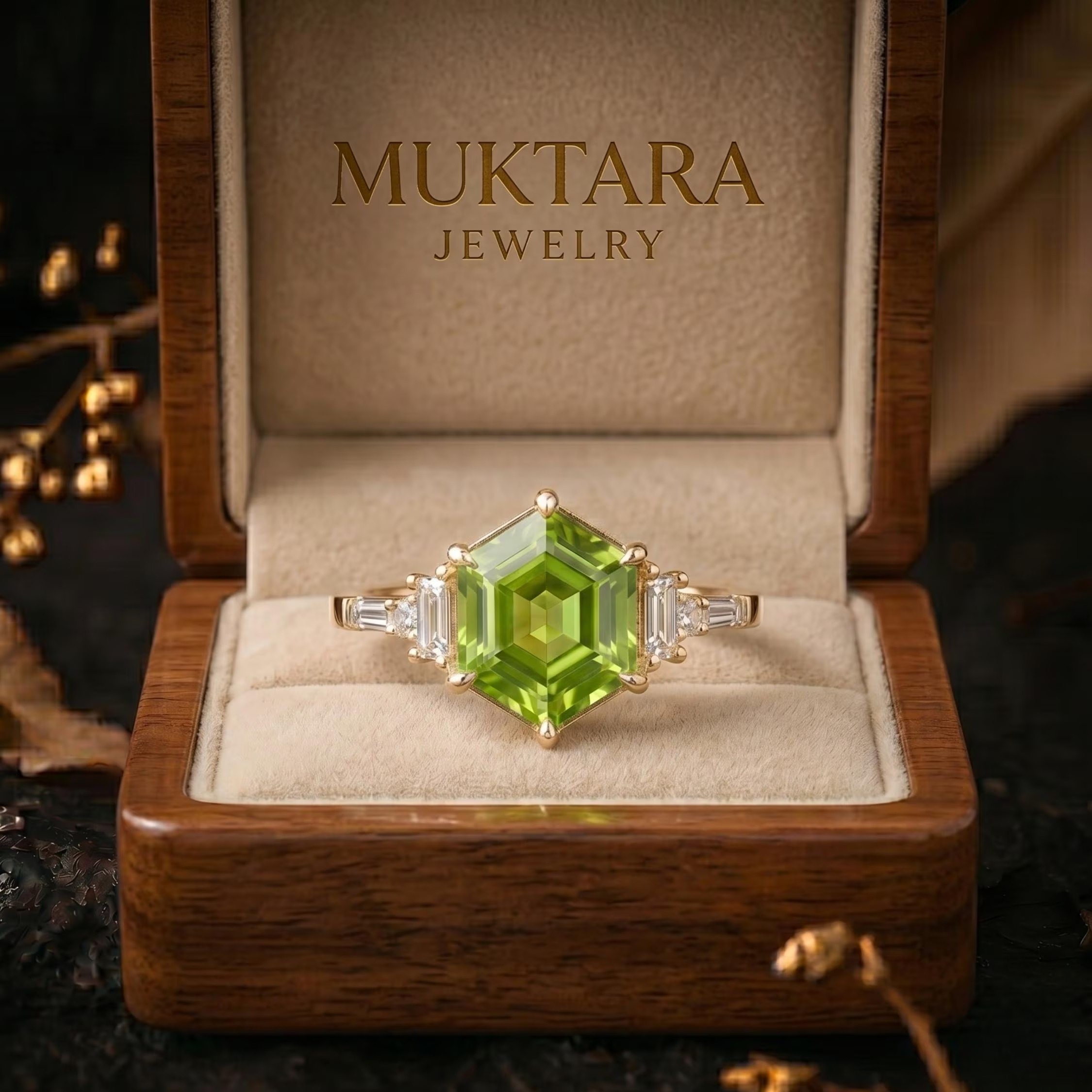 Hexagon Cut Peridot Moissanite Solitaire Engagement Ring, Moissanite Wedding Band, August Birthstone 14k Gold Art Deco Green Gemstone Gift