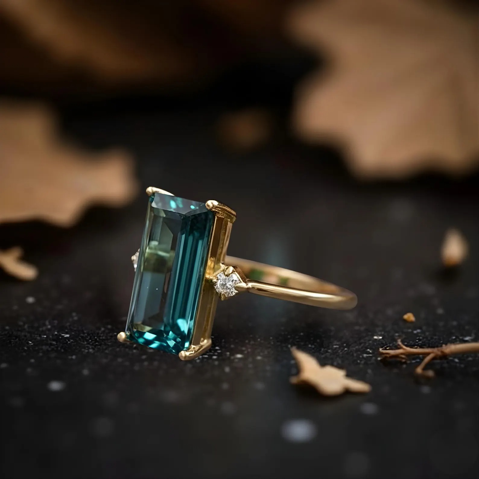 Unique Baguette Cut Tourmaline Engagement Ring, Green Tourmaline Minimalist Split Band Ring, Bridal Jewelry,Long Tourmaline Anniversary Ring