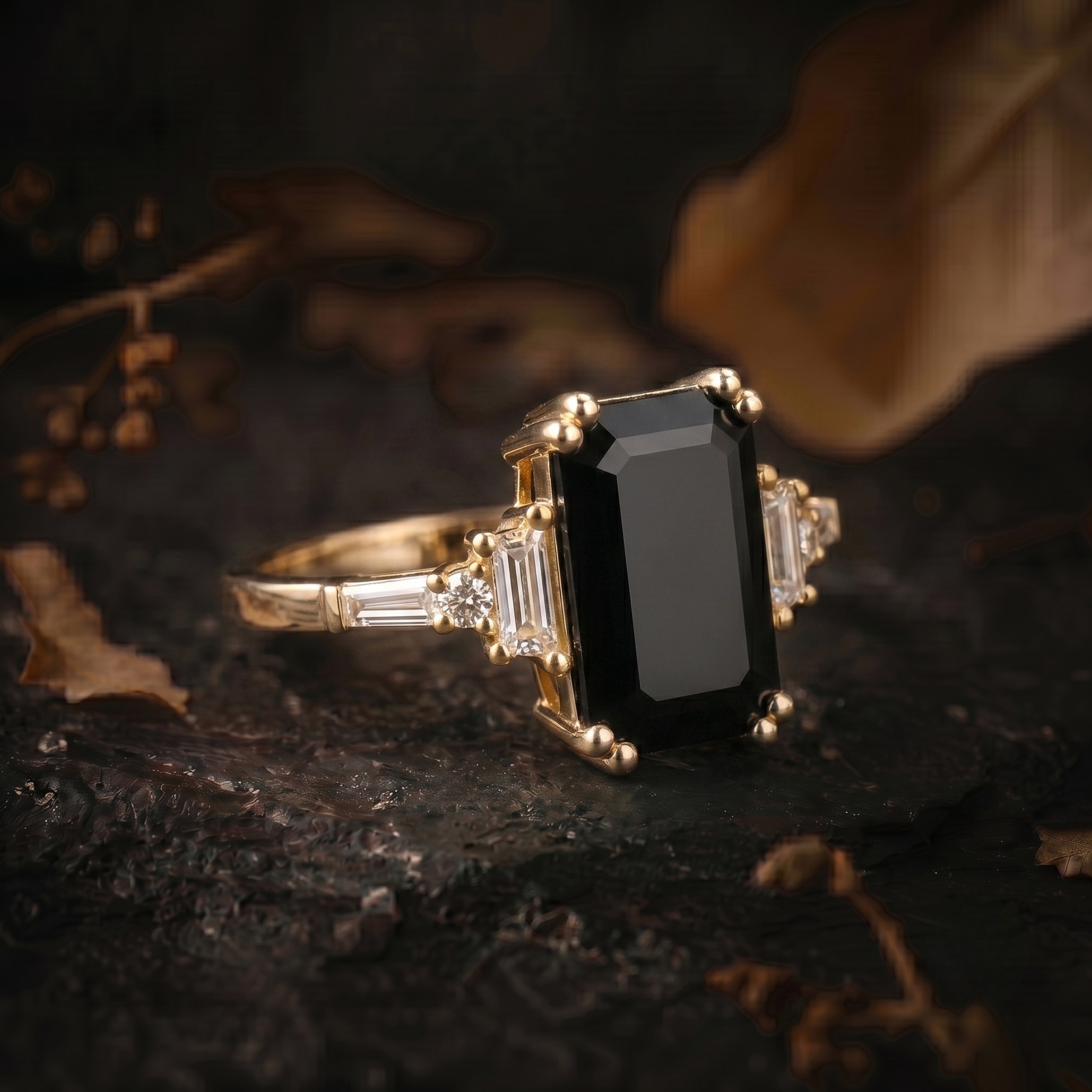 Genuine Emerald Cut Onyx Moissanite Ring, 14K December Birthstone Jewelry, Black Gemstone Engagement Ring, Anniversary Birthday gift for her