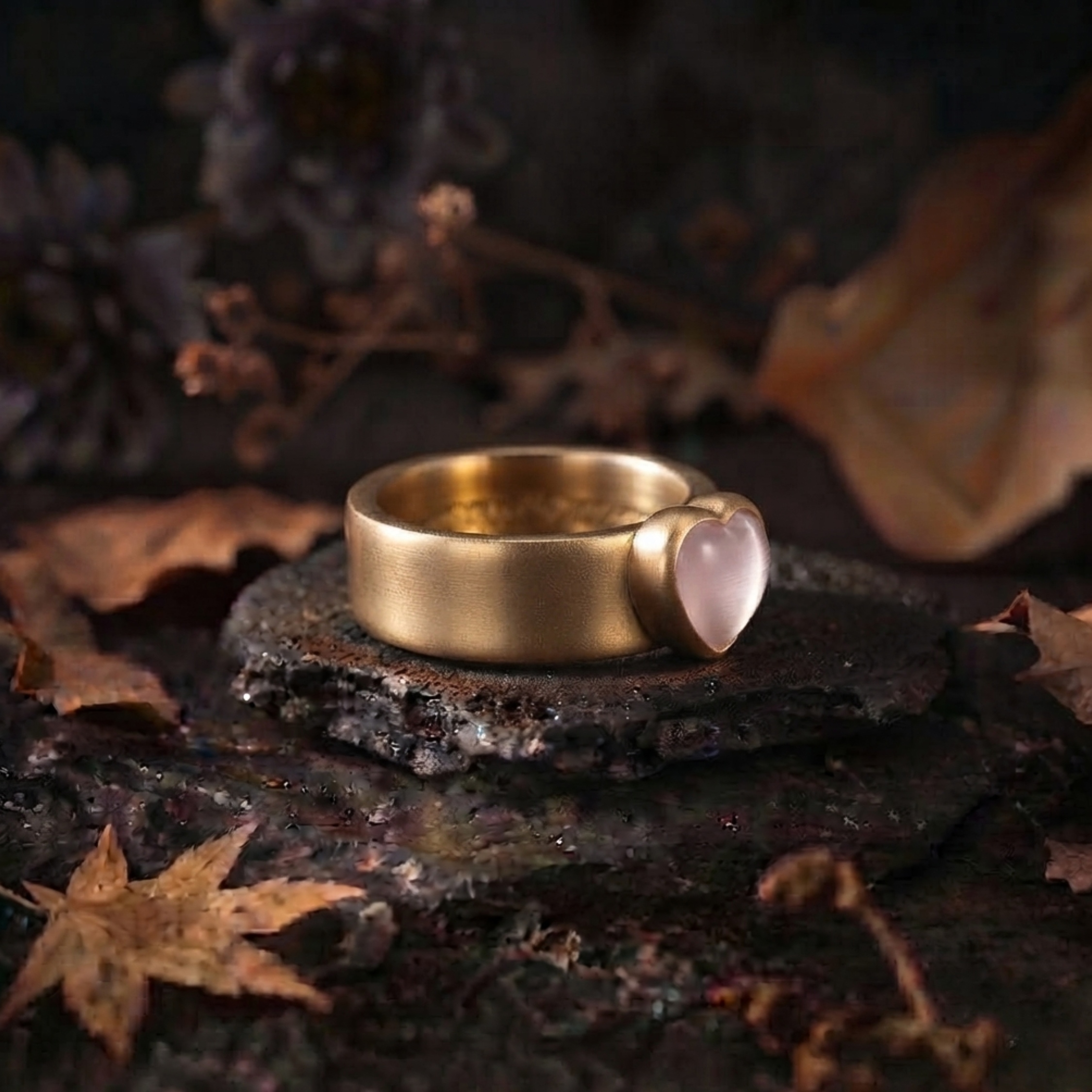 Unique Heart Shape Rose Quartz Engagement Ring/ 14k Yellow Gold Rose Quartz Crystal Boho Wide Band Jewelry/Anniversary Birthday Gift for Her