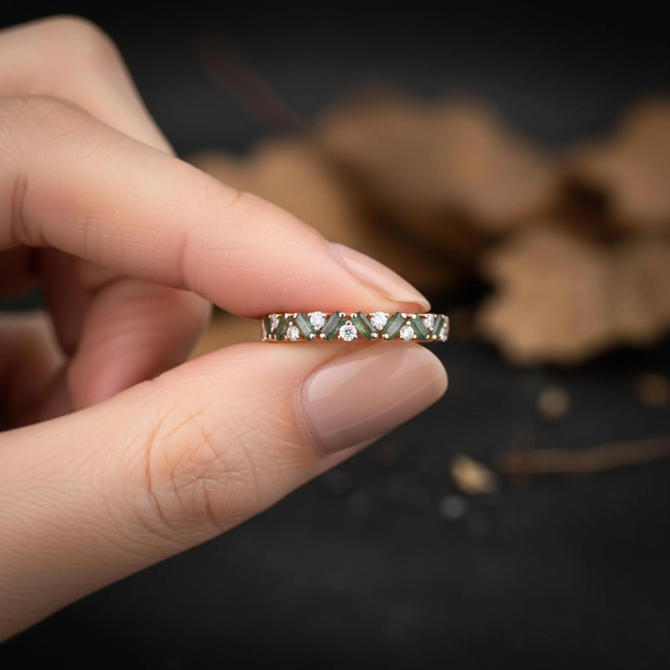 Unique Moss Agate Ring Moss agate Wedding Band Art Deco Eternity Band Moss Agate Matching Rings Personalized Gift For Her Anniversary Gift