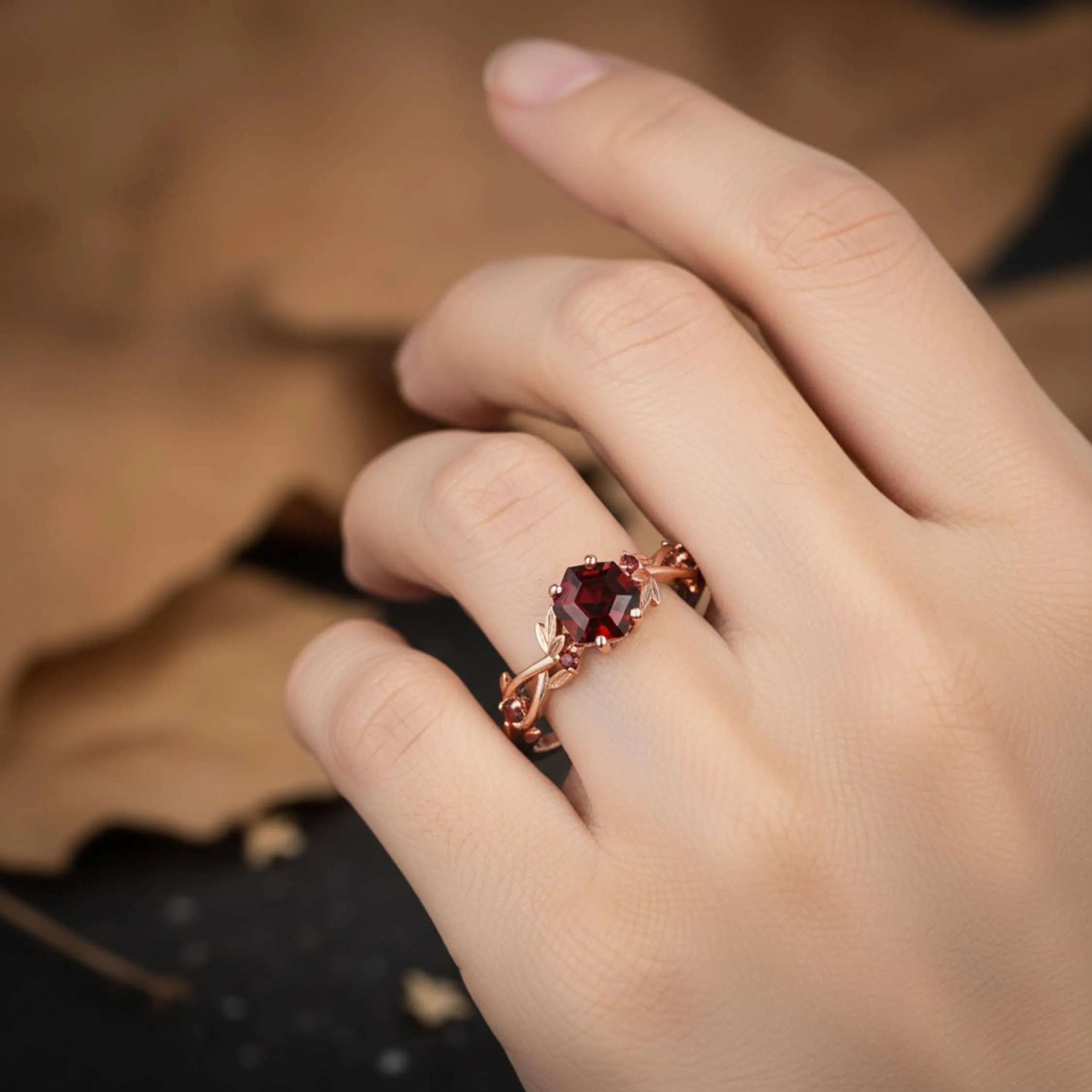 Hexagon Cut Garnet Engagement Ring, Nature Inspired Unique Fairytale Gold Wedding Ring, Green Tree Leaf Branch Twist Ring, Anniversary Gift