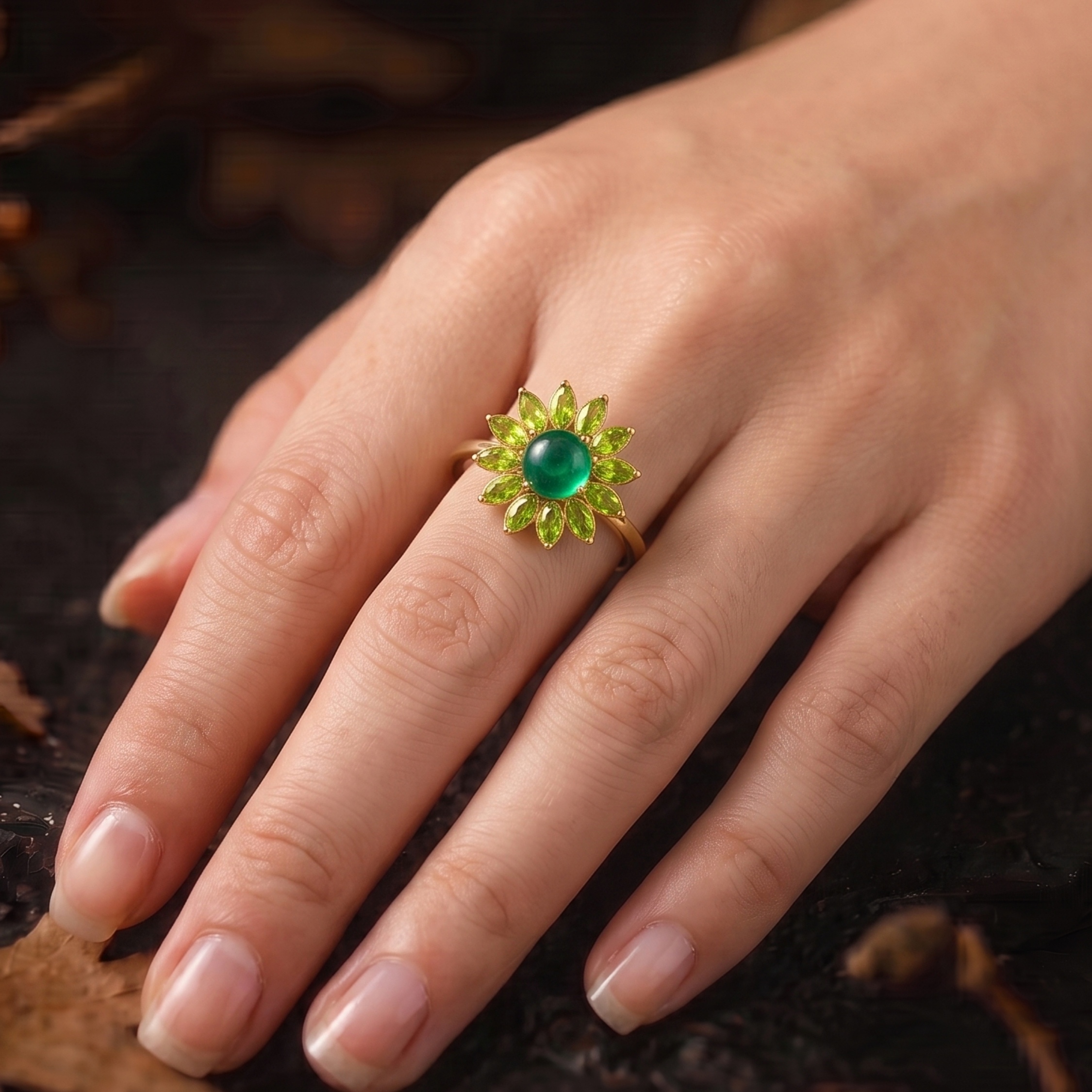 Vintage Art Deco Green Emerald Peridot Flower Halo Engagement Ring, Handmade Nature Inspired Women Jewelry, Fine Green Stone Gift For Women