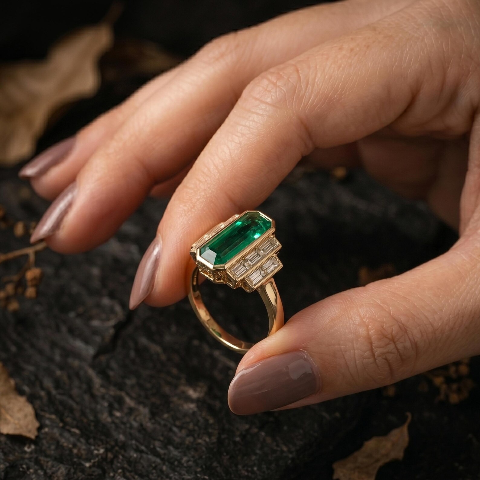 Elongated Emerald Cut Emerald Engagement Ring, May Birthstone Jewelry, Baguette Cut Moissanite Bridal Promise Ring, Anniversary Gift For Her