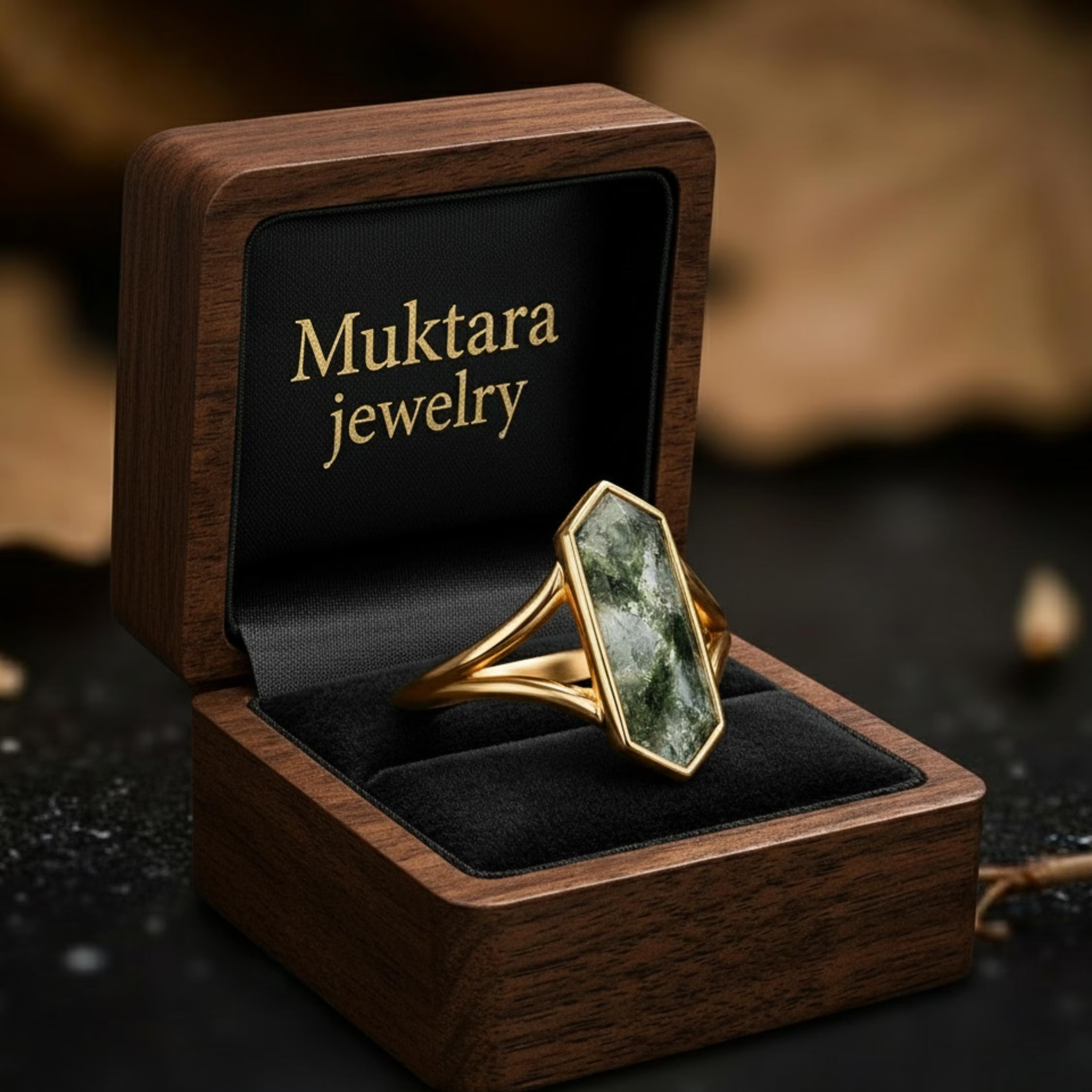 Vintage Style Long Hexagon Cut Natural Moss Agate Engagement Ring, Bezel Set Art Deco Bridal Jewelry, Unique Wedding Promise Ring Gift By MJ