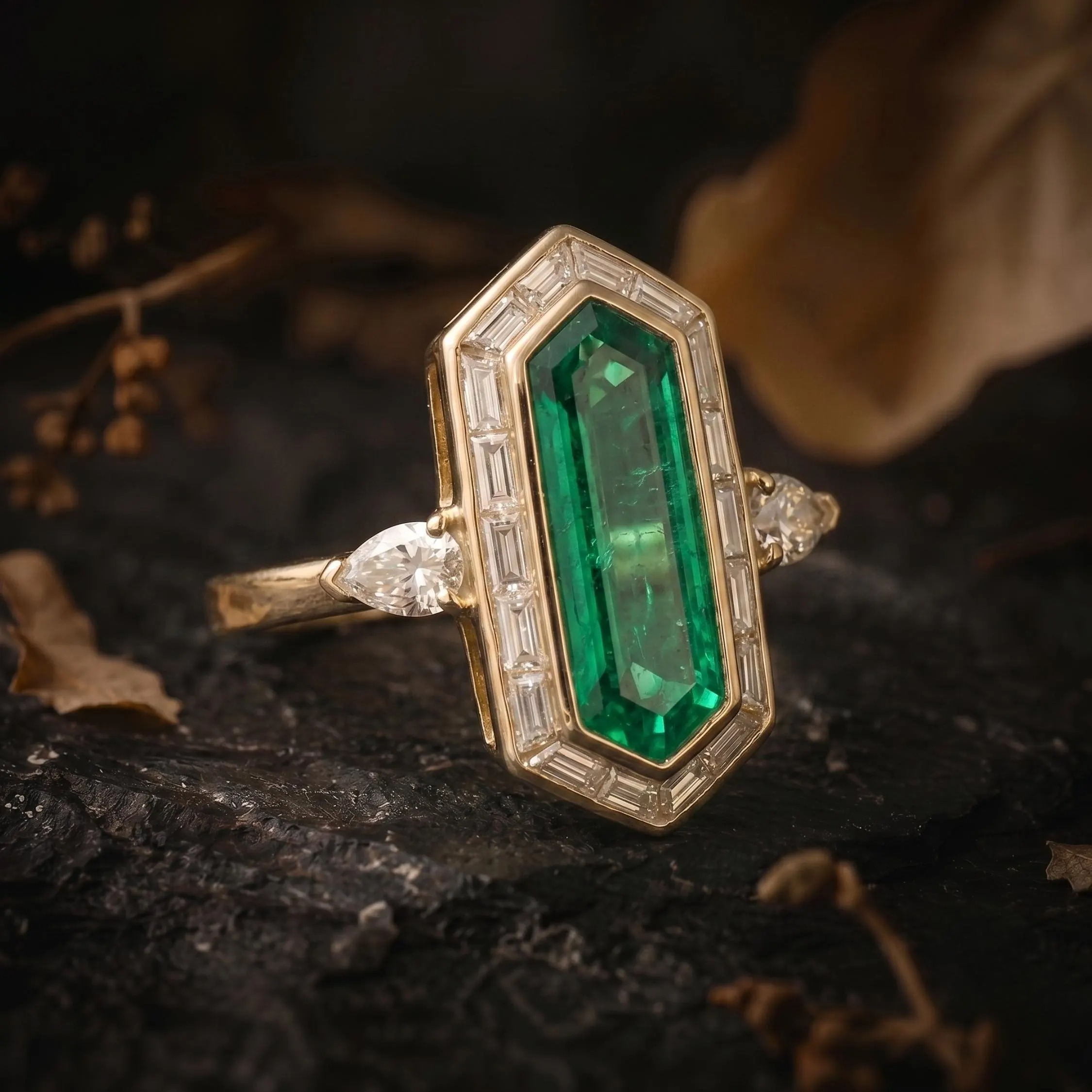 Vintage Art Deco Hexagon Cut Emerald Moissanite Cluster Ring, Unique Promise Statement Jewelry, Green Gemstone Anniversary Gifts For Women