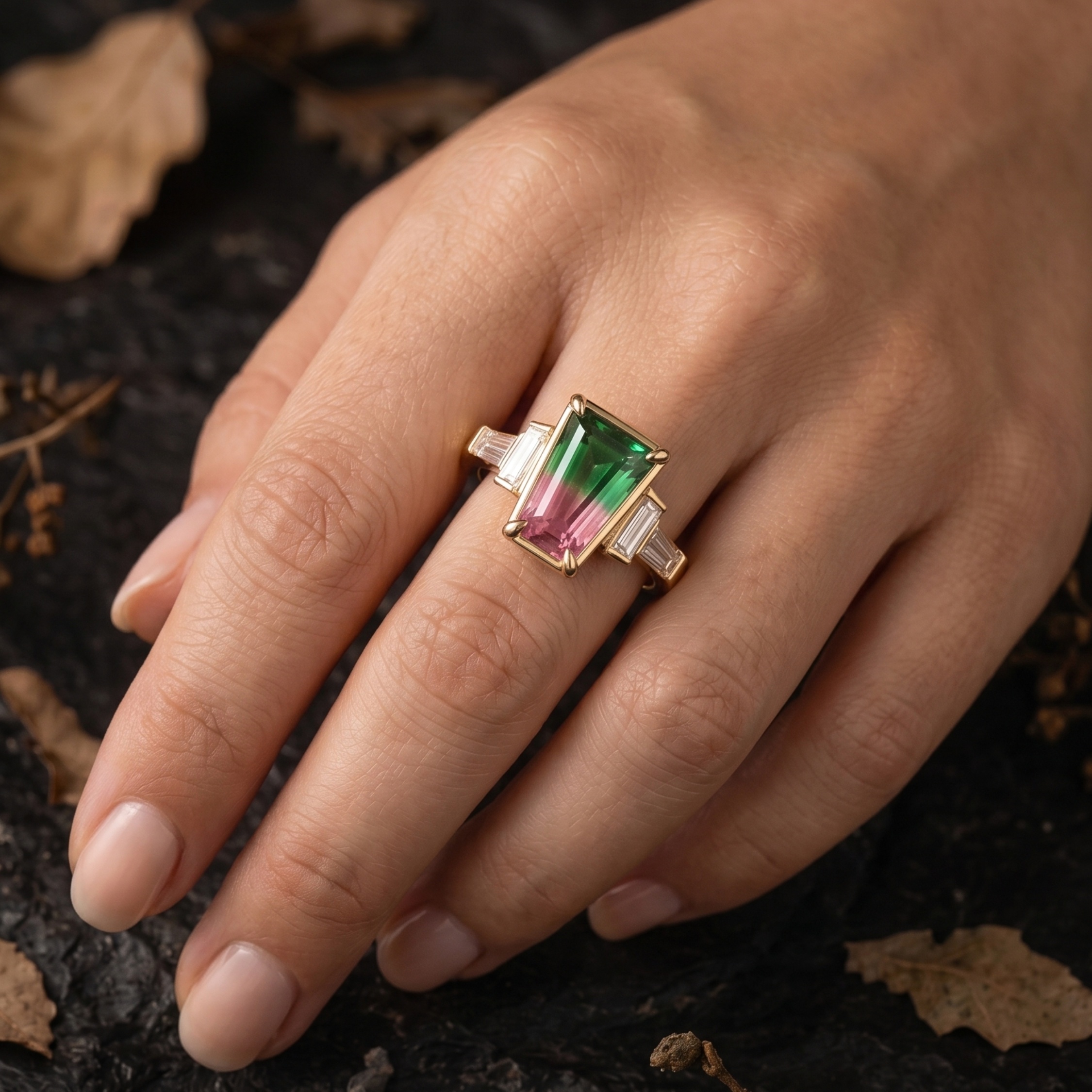 Vintage Watermelon Tourmaline Ring, Five Stone Engagement Ring, Pink & Green Gemstone Ring, Baguette Cut Moissanite Anniversary Bridal Gift