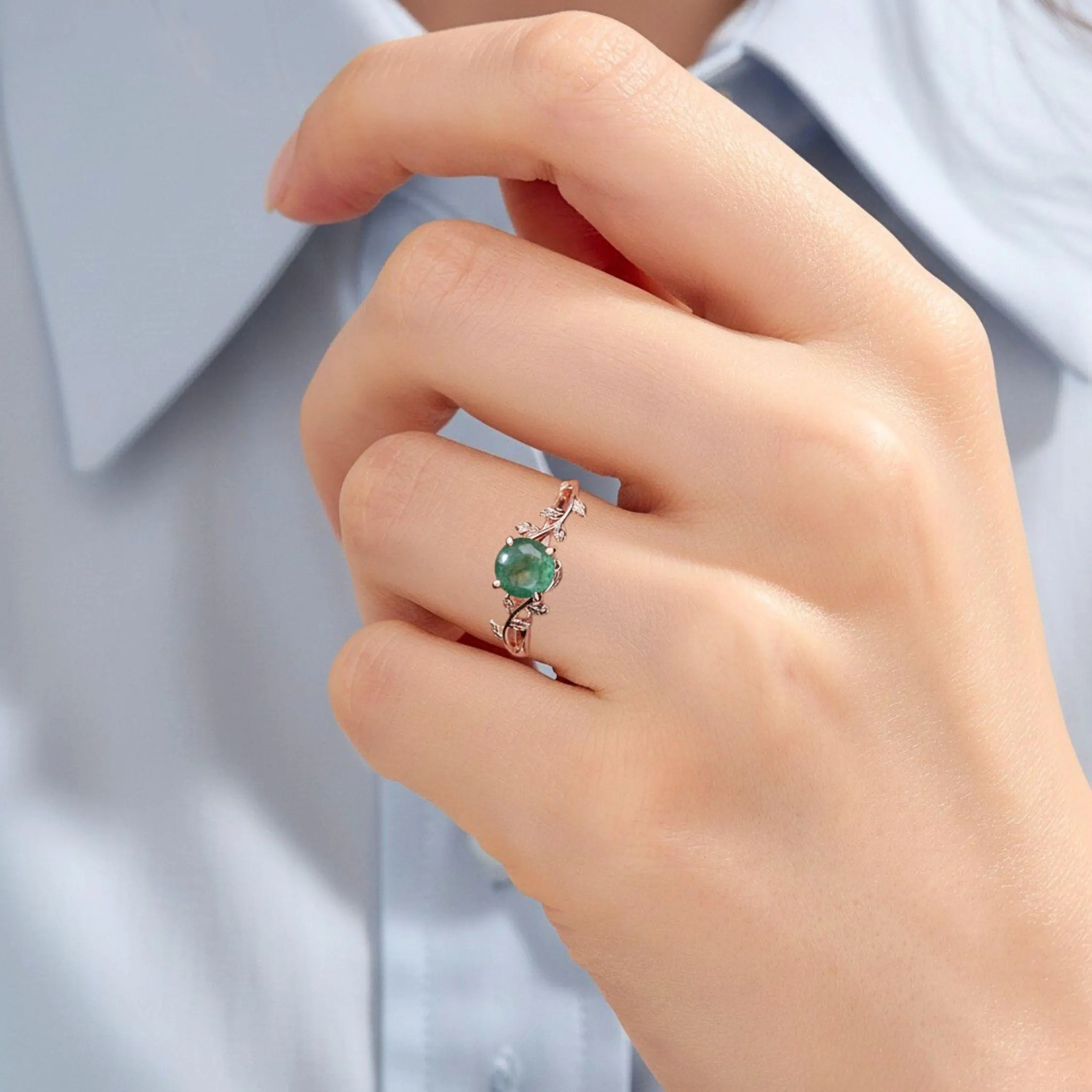 Nature Inspired Round Cut Moss Agate Engagement Ring, Unique Ivy Ring, Vine Solitaire Promise Ring, Green Gemstone Anniversary Gift Ring