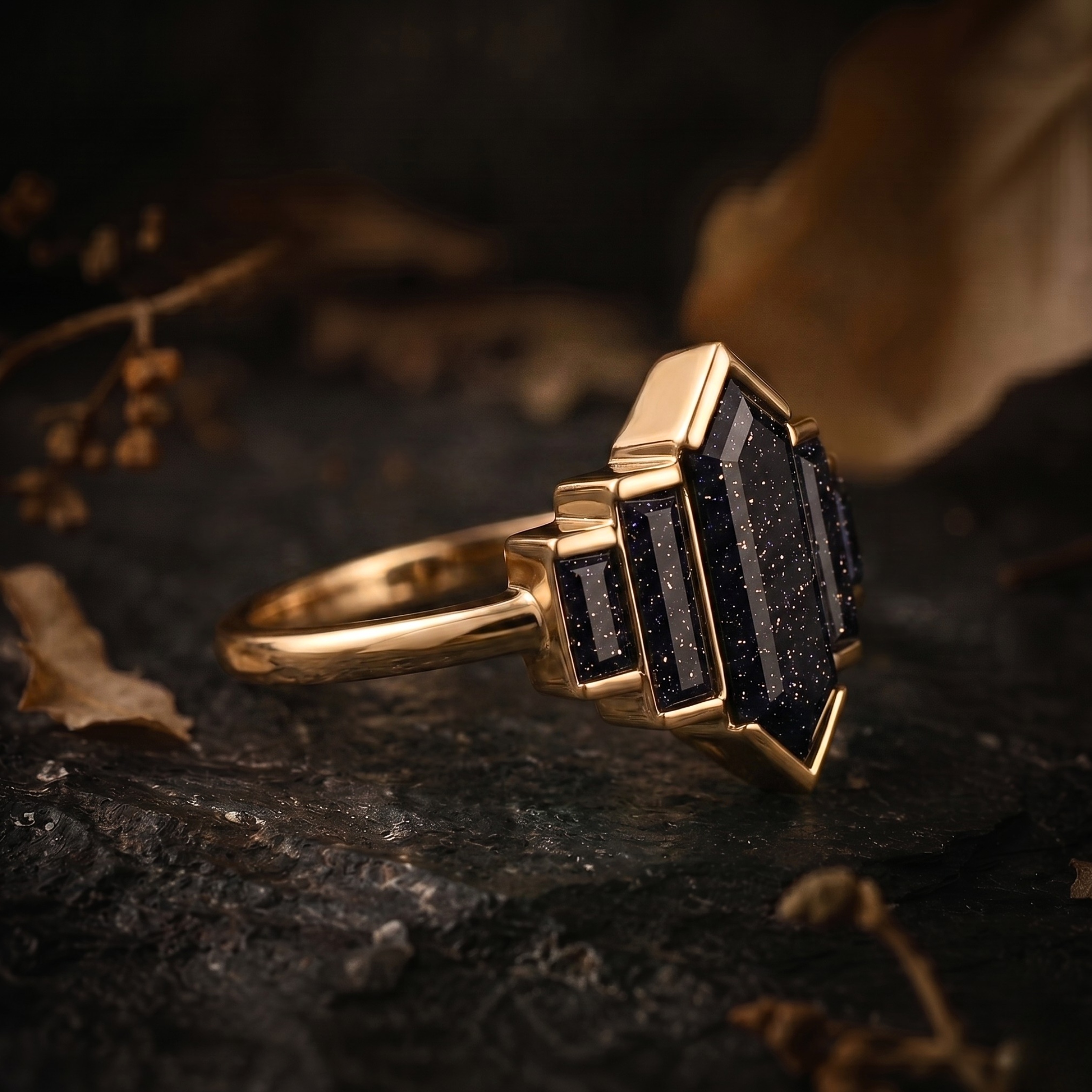 Vintage Hexagon Cut Blue Galaxy Sandstone Ring, Women’s Nebula Engagement Ring, Baguette Cut Galaxy Wedding Promise Ring, Anniversary Gift