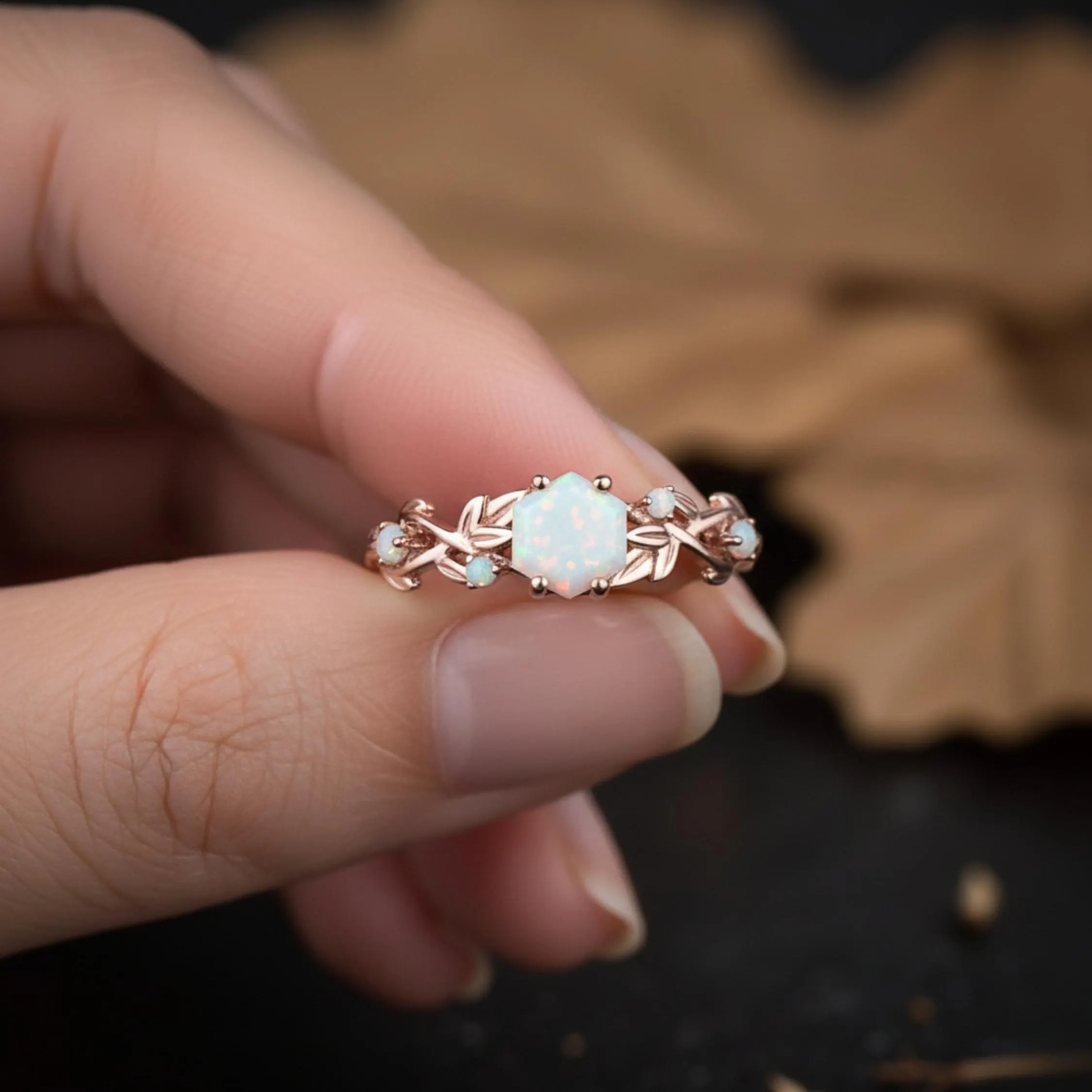 Vintage Hexagon White Opal Engagement Ring 14k Rose Gold Leaf Nature Inspired Five Stone Opal Art Deco Twisted Branch Women Wedding Ring