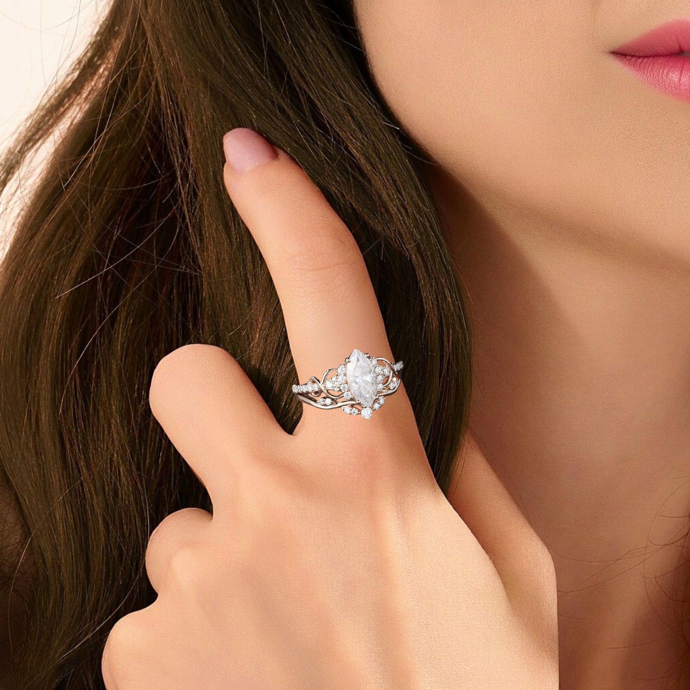 Marquise Cut Moissanite Engagement Ring Set, 14k Rose Gold Bridal Ring Set, Unique Diamond Cluster Wedding Stacking Band, Anniversary Gift