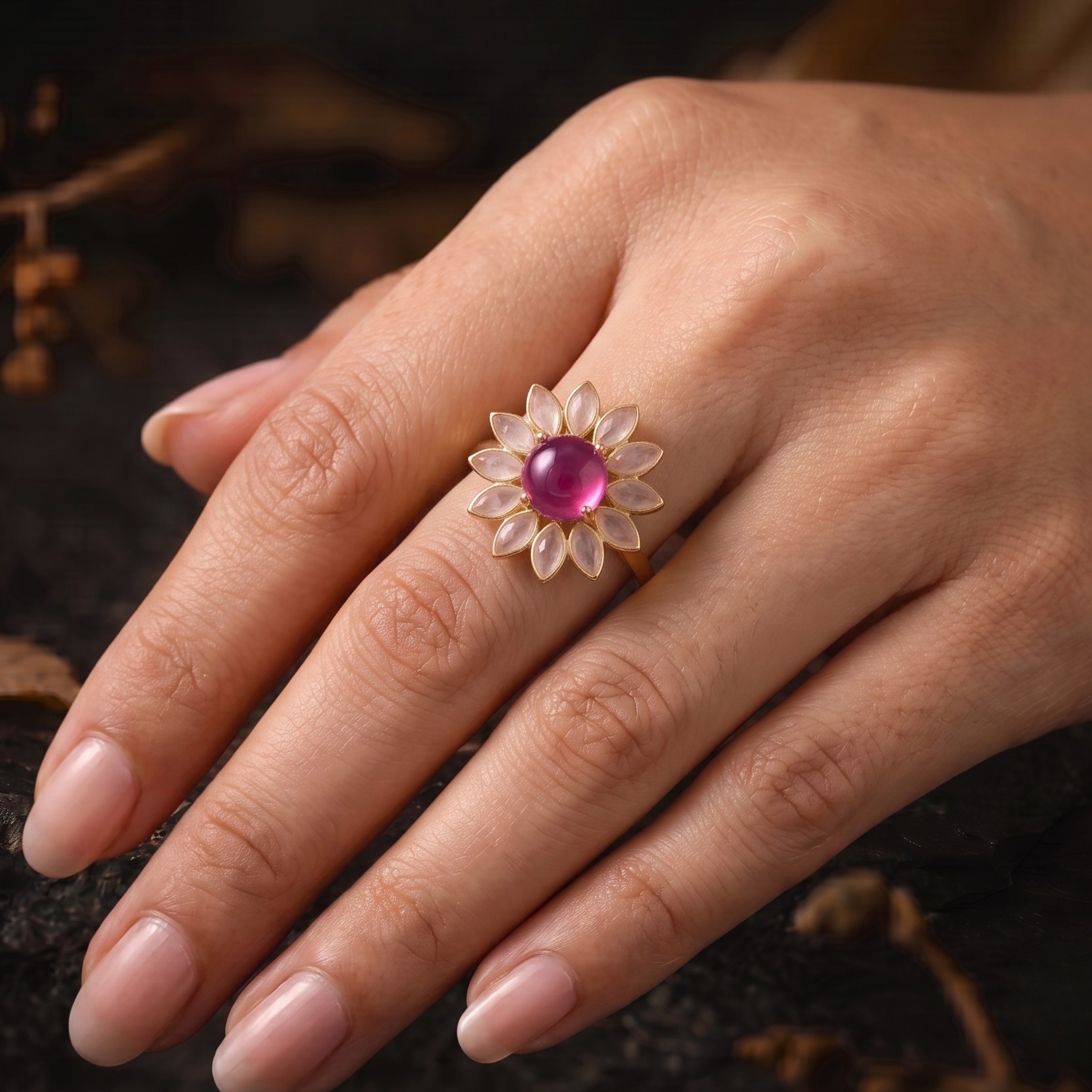 Natural Sapphire Quartz Flower Halo Ring/Pear Rose Quartz Engagement Ring/Handmade Art Deco Pink Sapphire Nature Inspired Fine Gift For Her