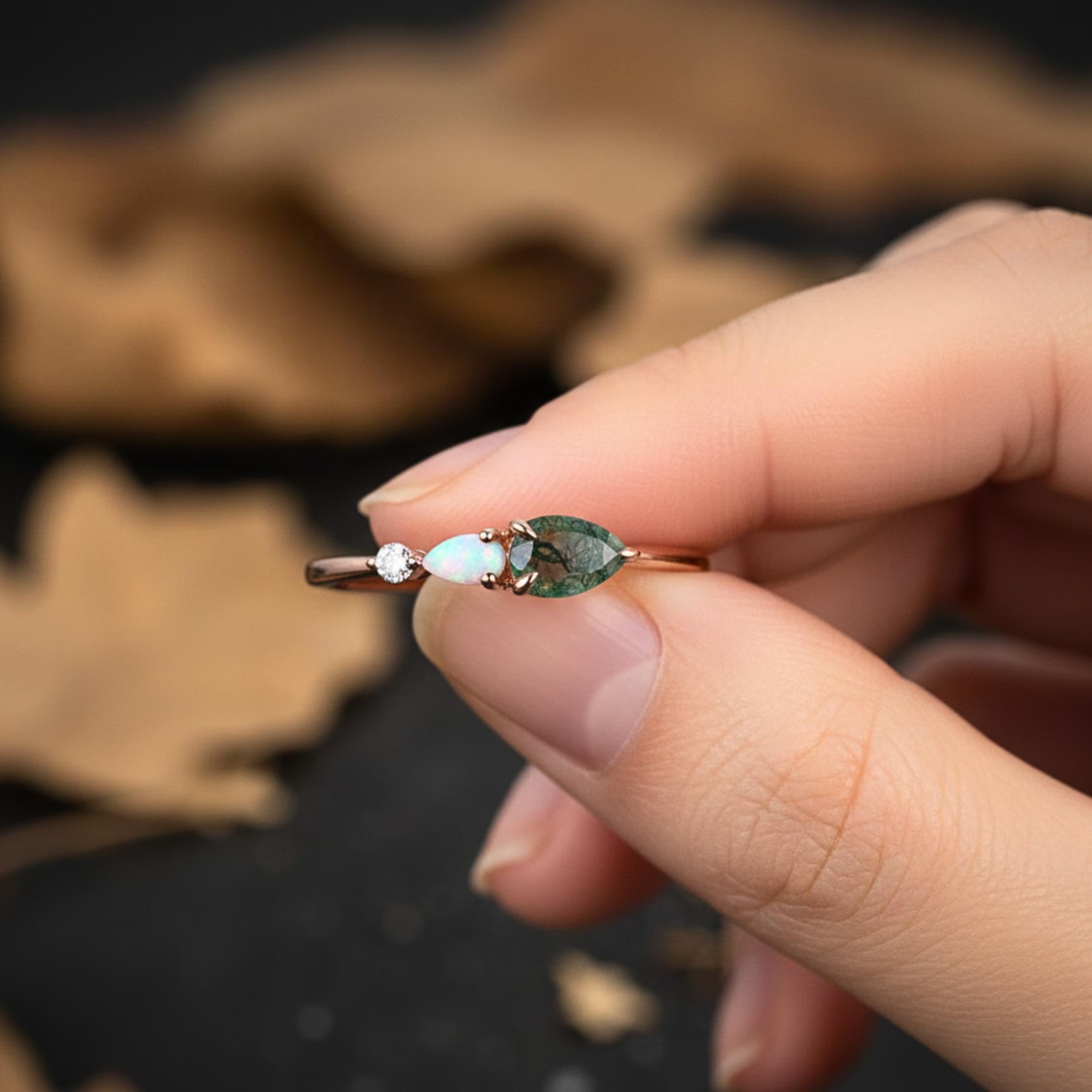 Vintage Pear Cut Moss Agate Opal Engagement Ring Art Deco Moissanite Wedding Band 3 Stone Ring Unique Women Bridal Promise Ring Gift For Her