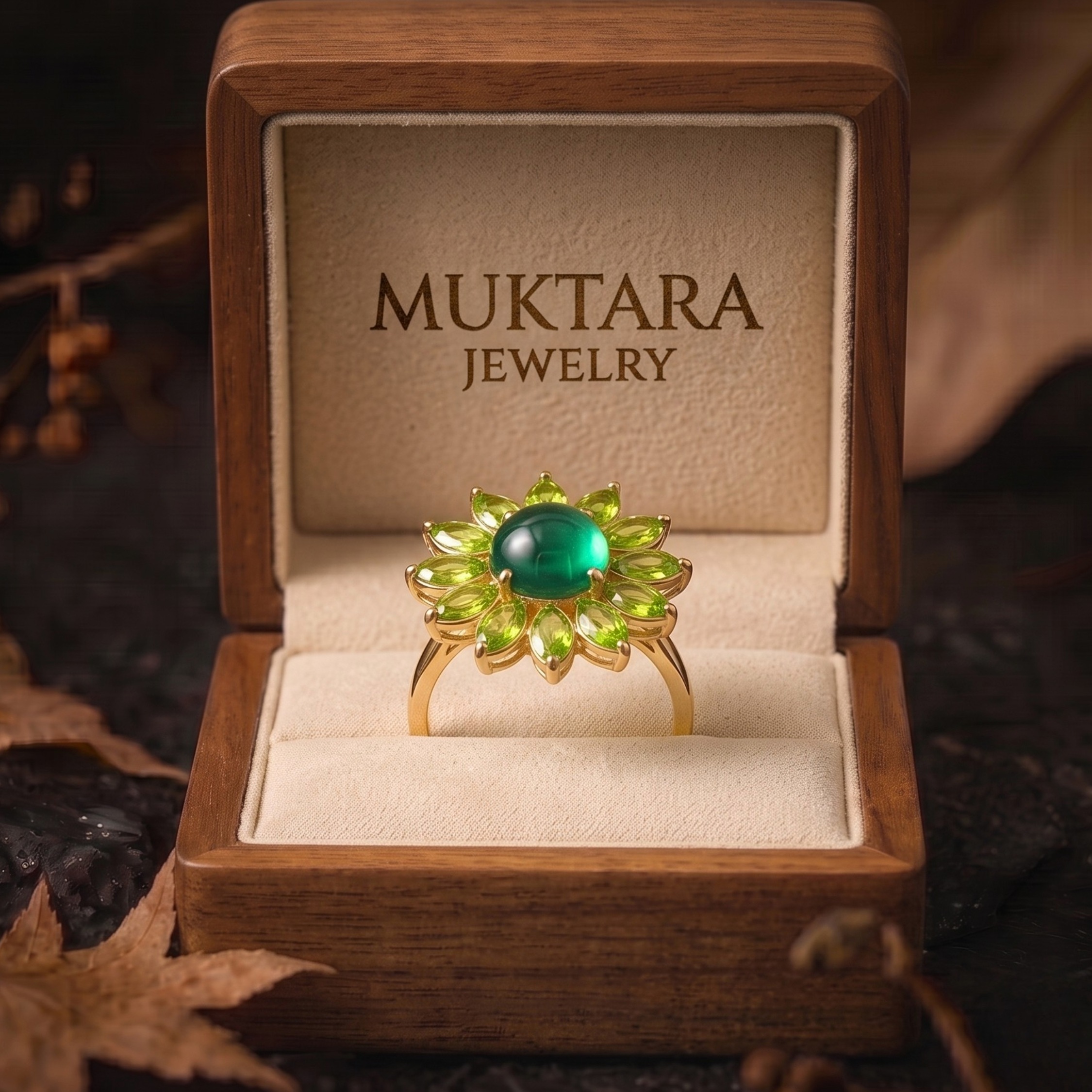 Vintage Art Deco Green Emerald Peridot Flower Halo Engagement Ring, Handmade Nature Inspired Women Jewelry, Fine Green Stone Gift For Women