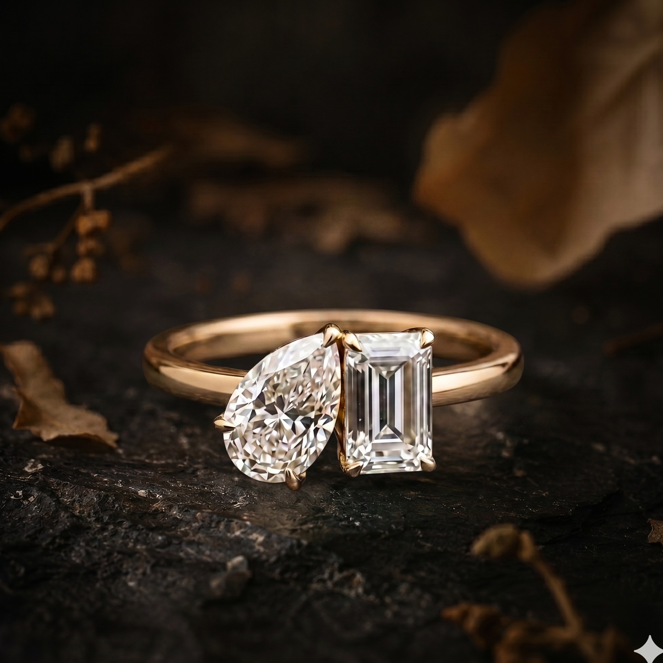 Moissanite Toi Et Moi Engagement Ring, Pear And Emerald Cut Promise Jewelry, Two-Stone Birthstone Statement Ring, Anniversary Birthday Gifts