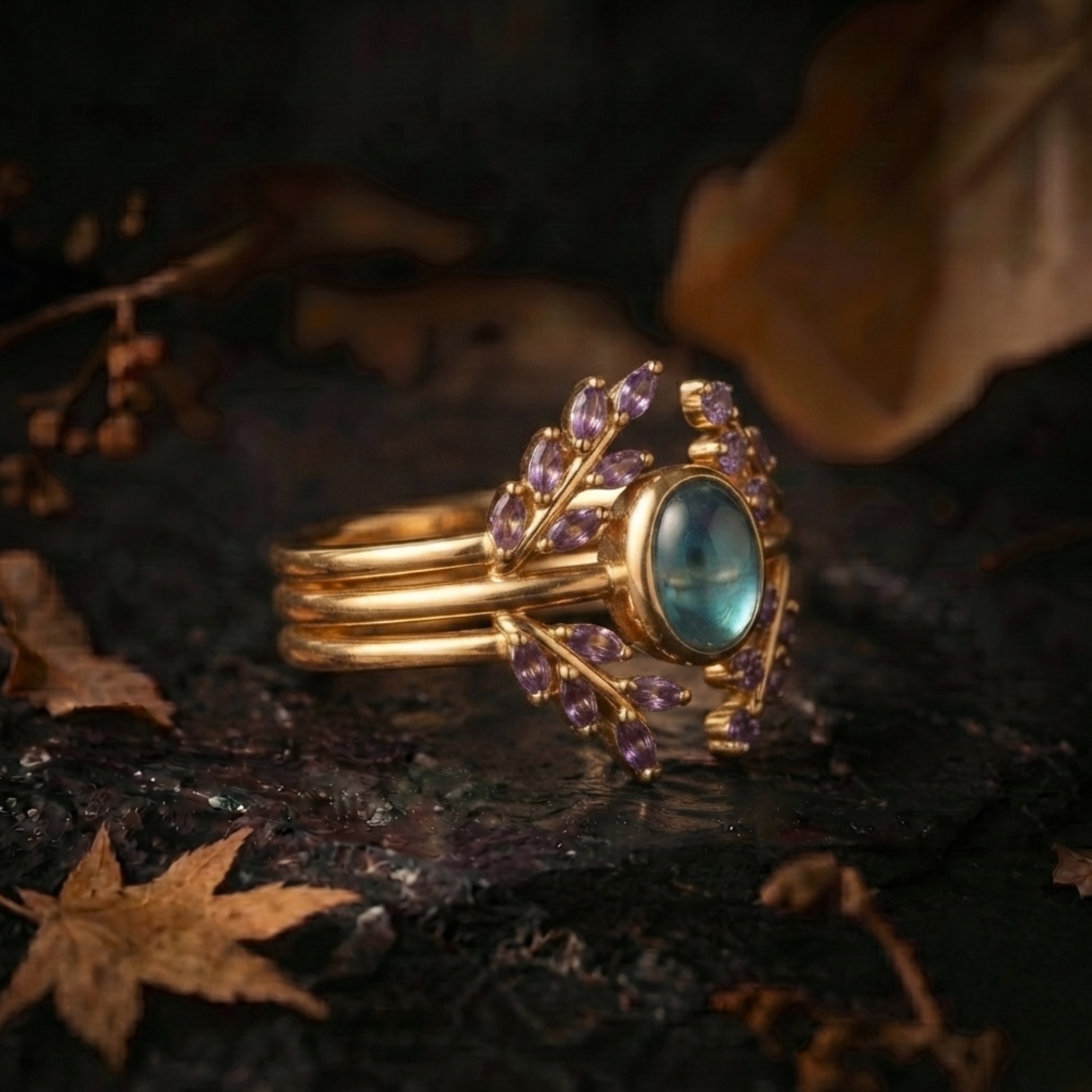 Unique Alexandrite Amethyst Engagement Ring, Vintage Style Triple Band Wedding Ring, Two Stone Bridal Jewelry, June February Birthstone Gift