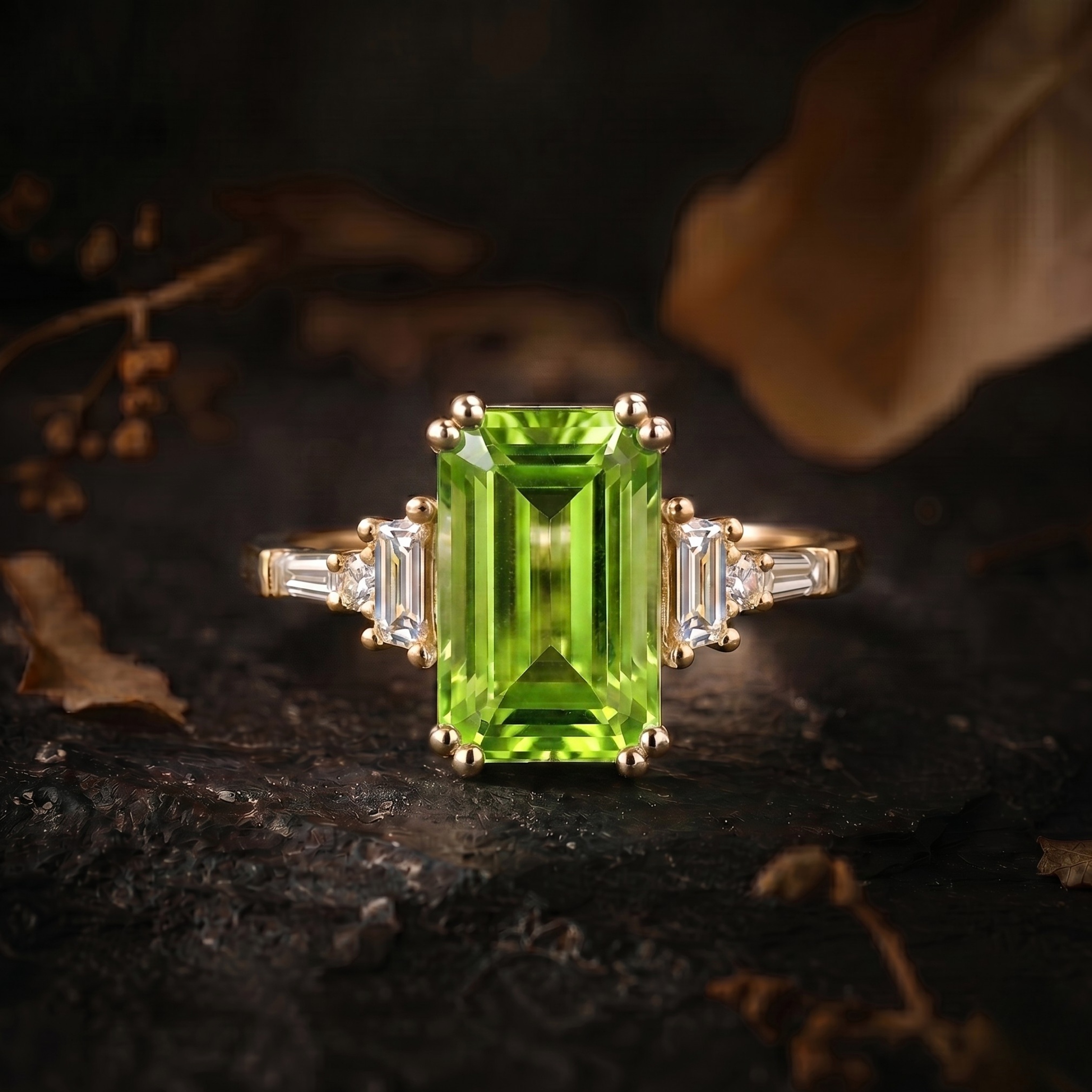 Genuine Emerald Cut Peridot Wedding Ring, 14K Gold Birthstone Jewelry, Moissanite Bridal Engagement Ring, Anniversary Birthday gift for her