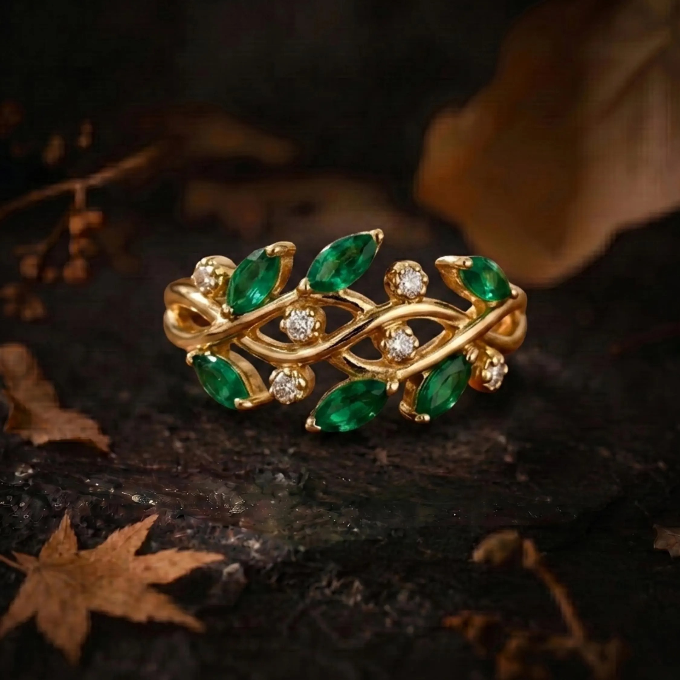 Unique Marquise Cut Emerald Engagement Ring/May Birthstone Nature Inspired Leaf Ring/Moissanite Promise Anniversary Birthday Gift For Women