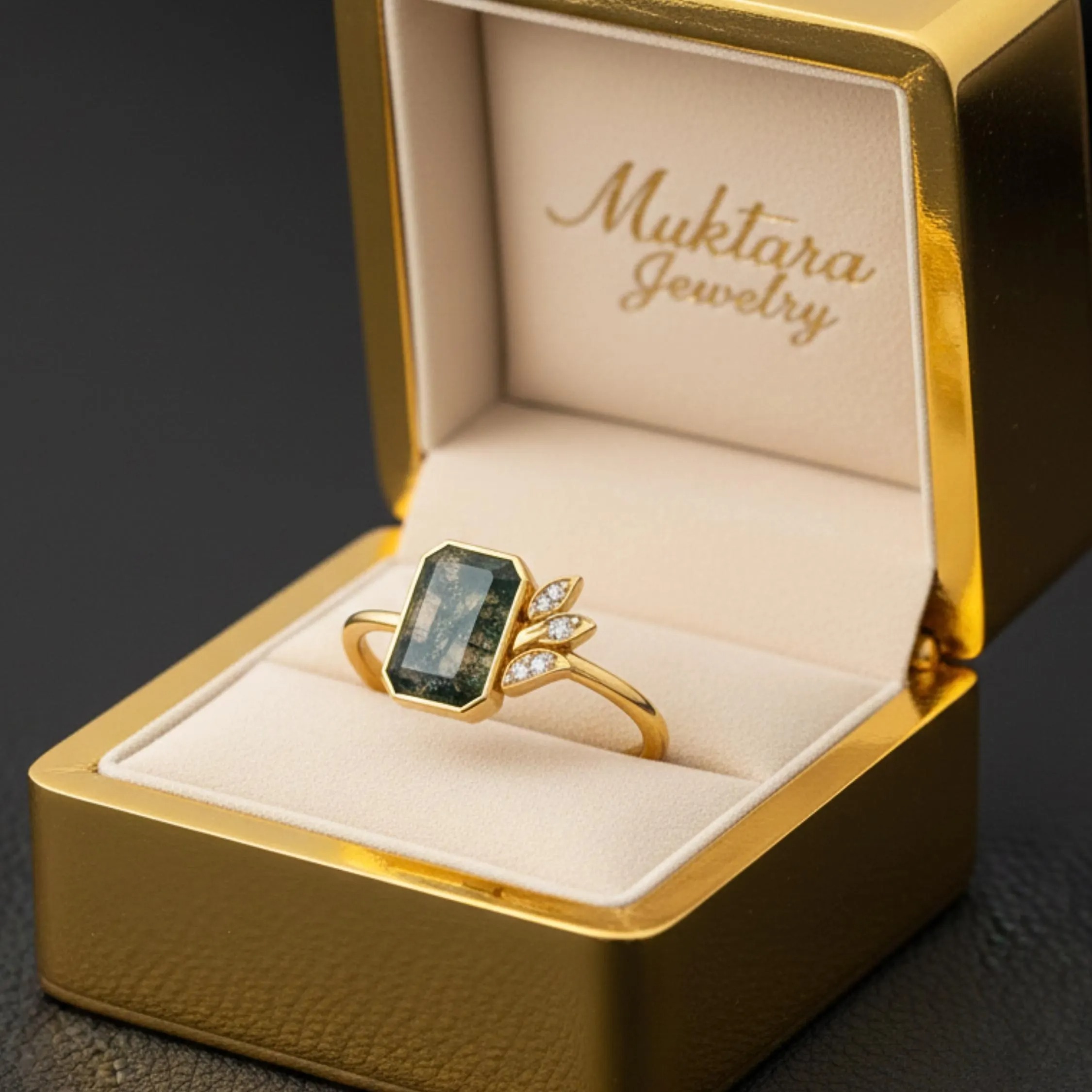 Natural Emerald Cut Moss Agate Engagement Ring, Green Gemstone Delicate Stacking Ring, Moissanite Promise Ring for Women By Muktara Jewelry