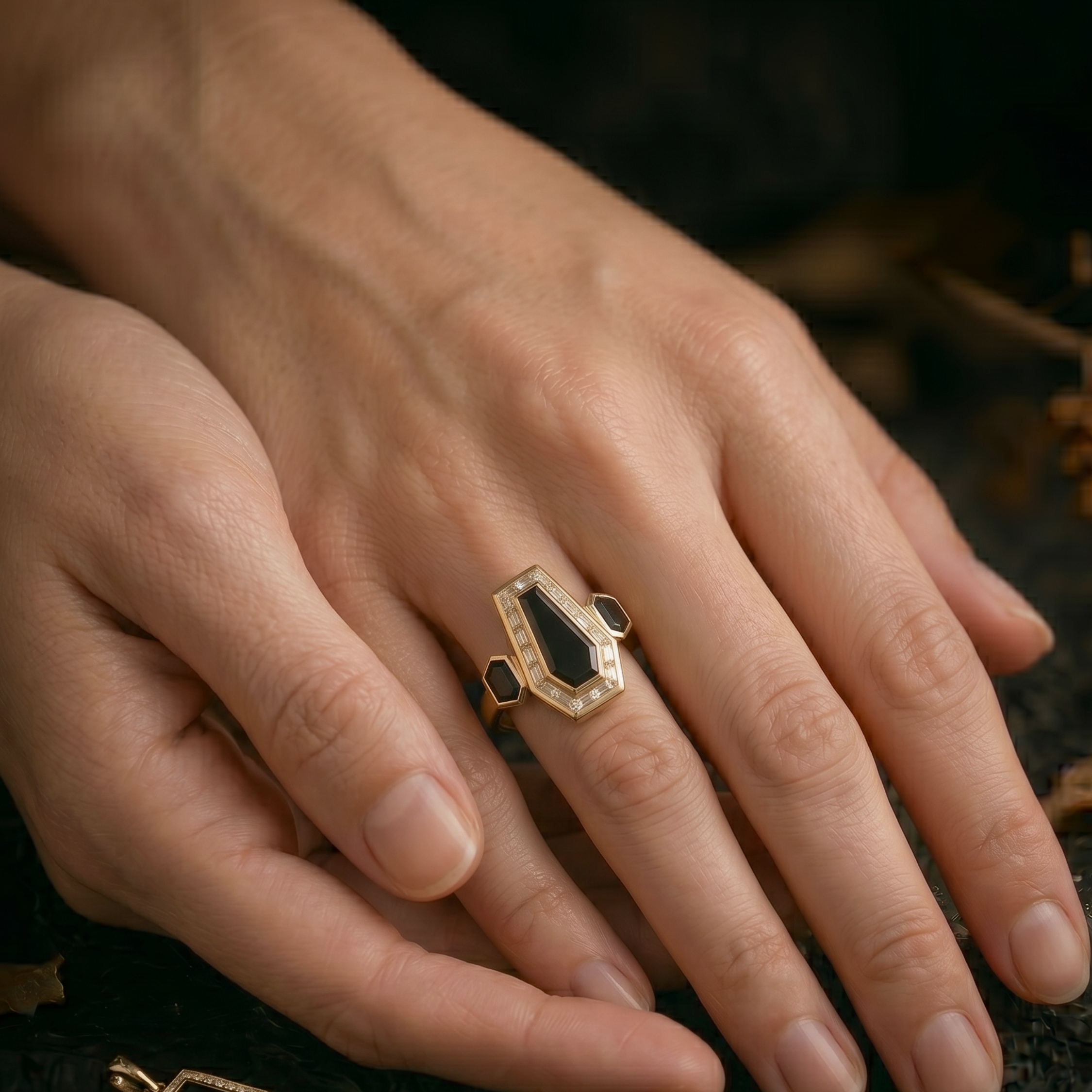 Vintage Art Deco Coffin Cut Black Onyx & Moissanite Cluster Ring, Unique Promise Statement Jewelry, 14K Gold Black Jewelry, Anniversary Gift