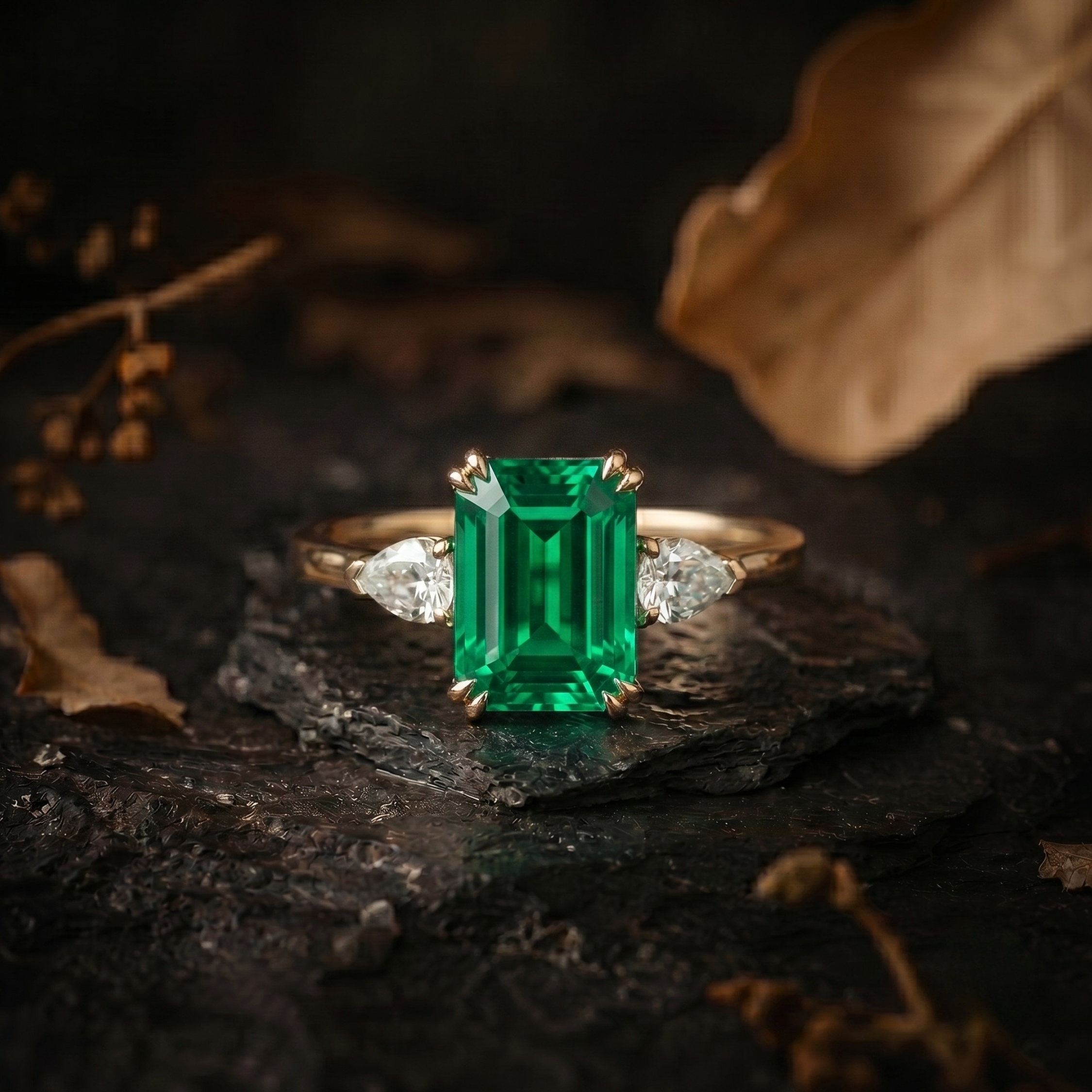 Emerald Cut Emerald Engagement Ring, May Birthstone Jewelry, 14k Gold Moissanite 3 Stone Promise Wedding Jewelry, Anniversary Birthday Gift
