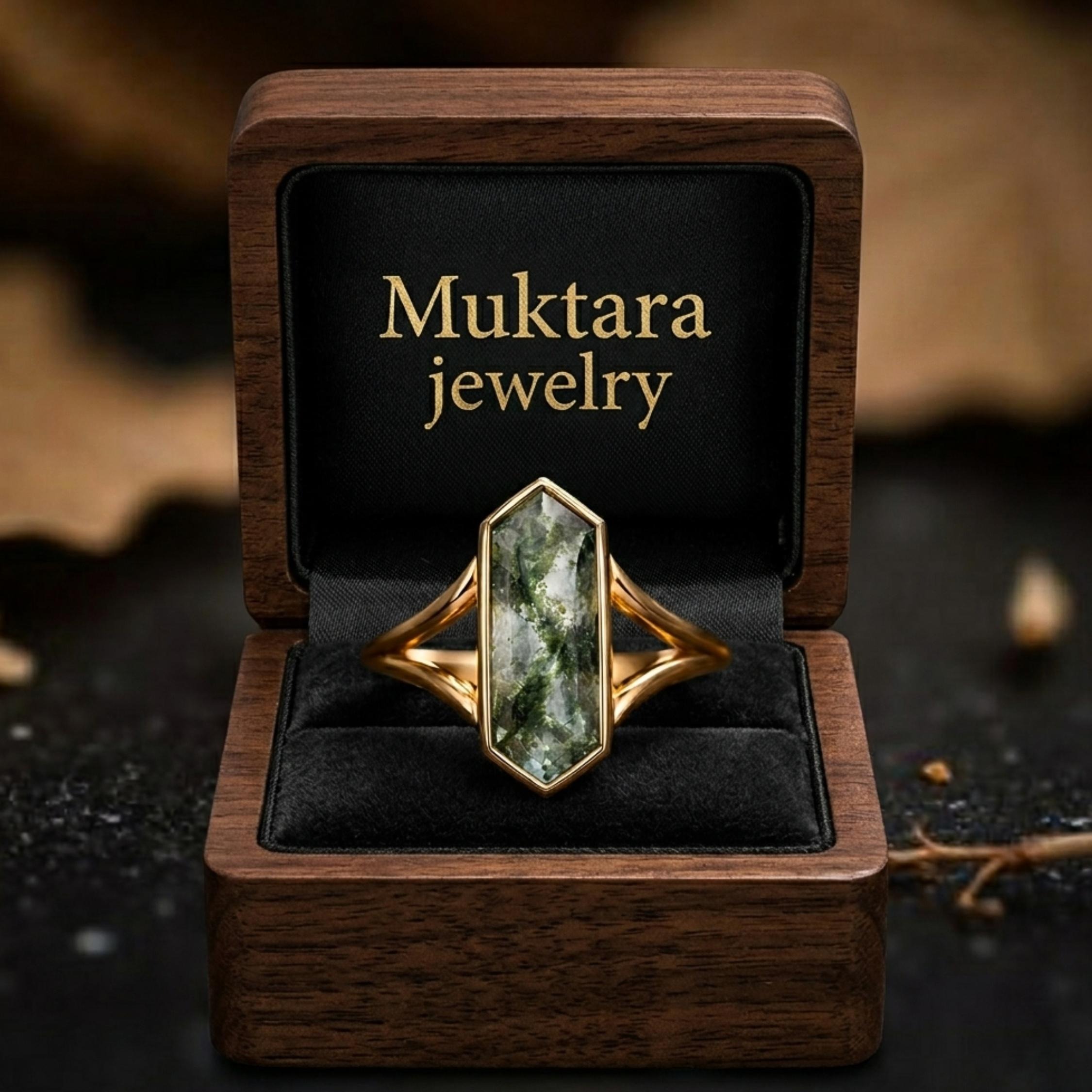 Vintage Style Long Hexagon Cut Natural Moss Agate Engagement Ring, Bezel Set Art Deco Bridal Jewelry, Unique Wedding Promise Ring Gift By MJ