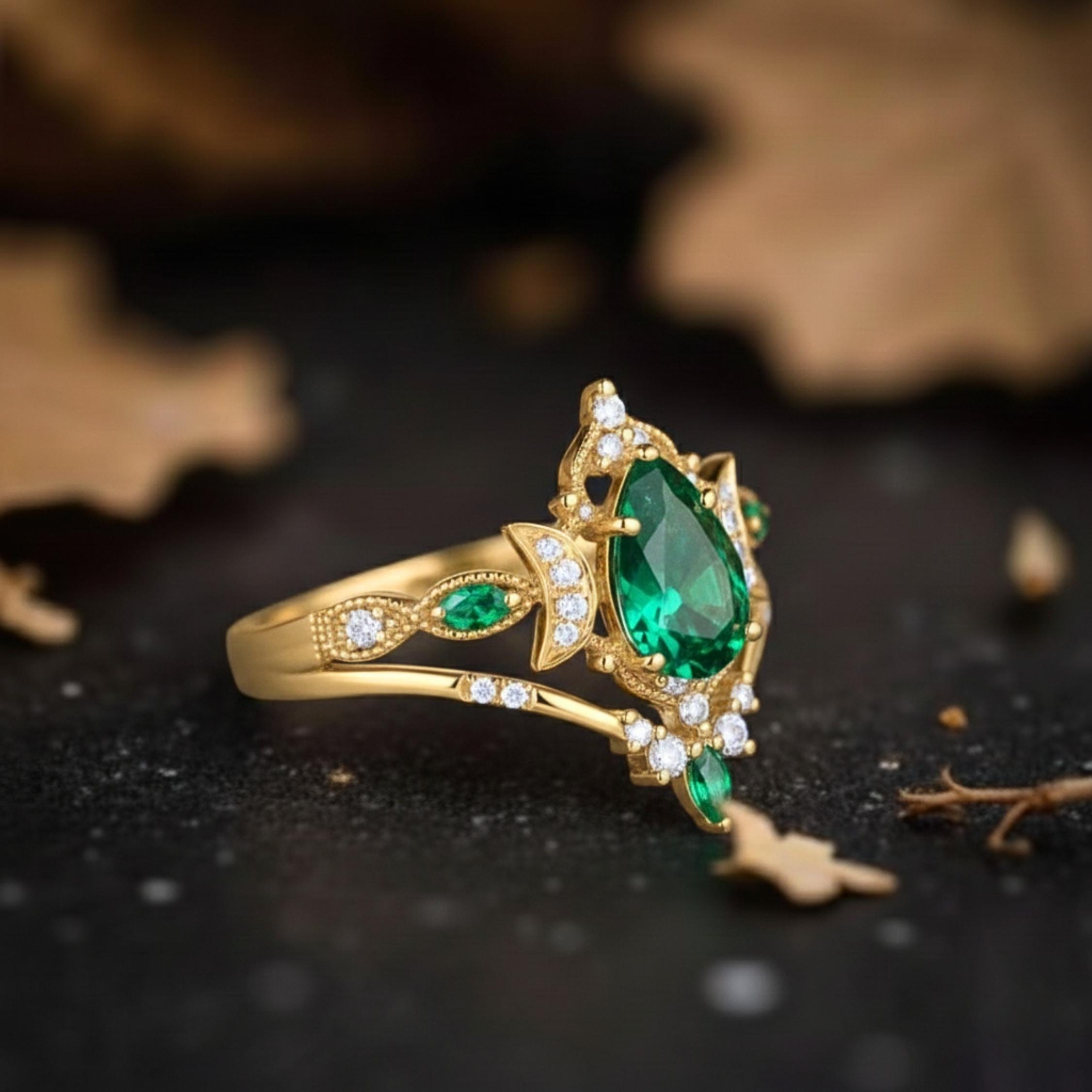 Emerald Moissanite Vine Half Moon Unique floral Engagement ring Pear Shaped Bridal Set Anniversary gift Vintage Wedding Ring Gifts For Women