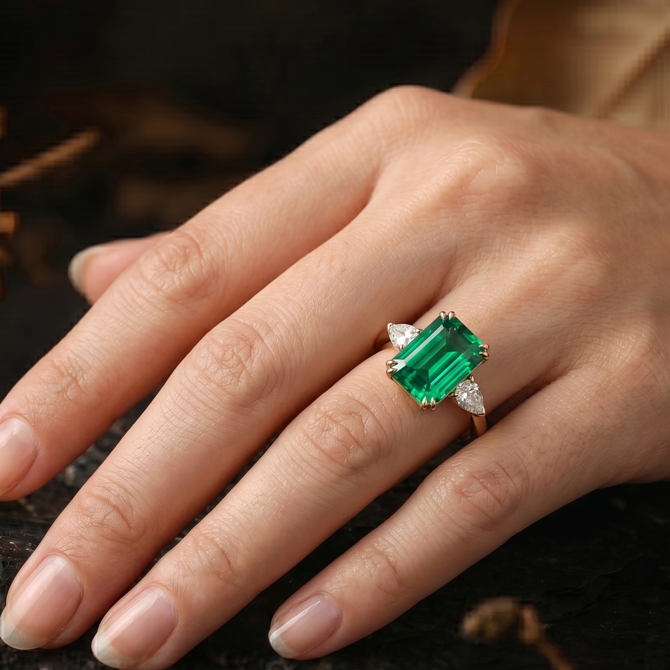 Emerald Cut Emerald Engagement Ring, May Birthstone Jewelry, 14k Gold Moissanite 3 Stone Promise Wedding Jewelry, Anniversary Birthday Gift