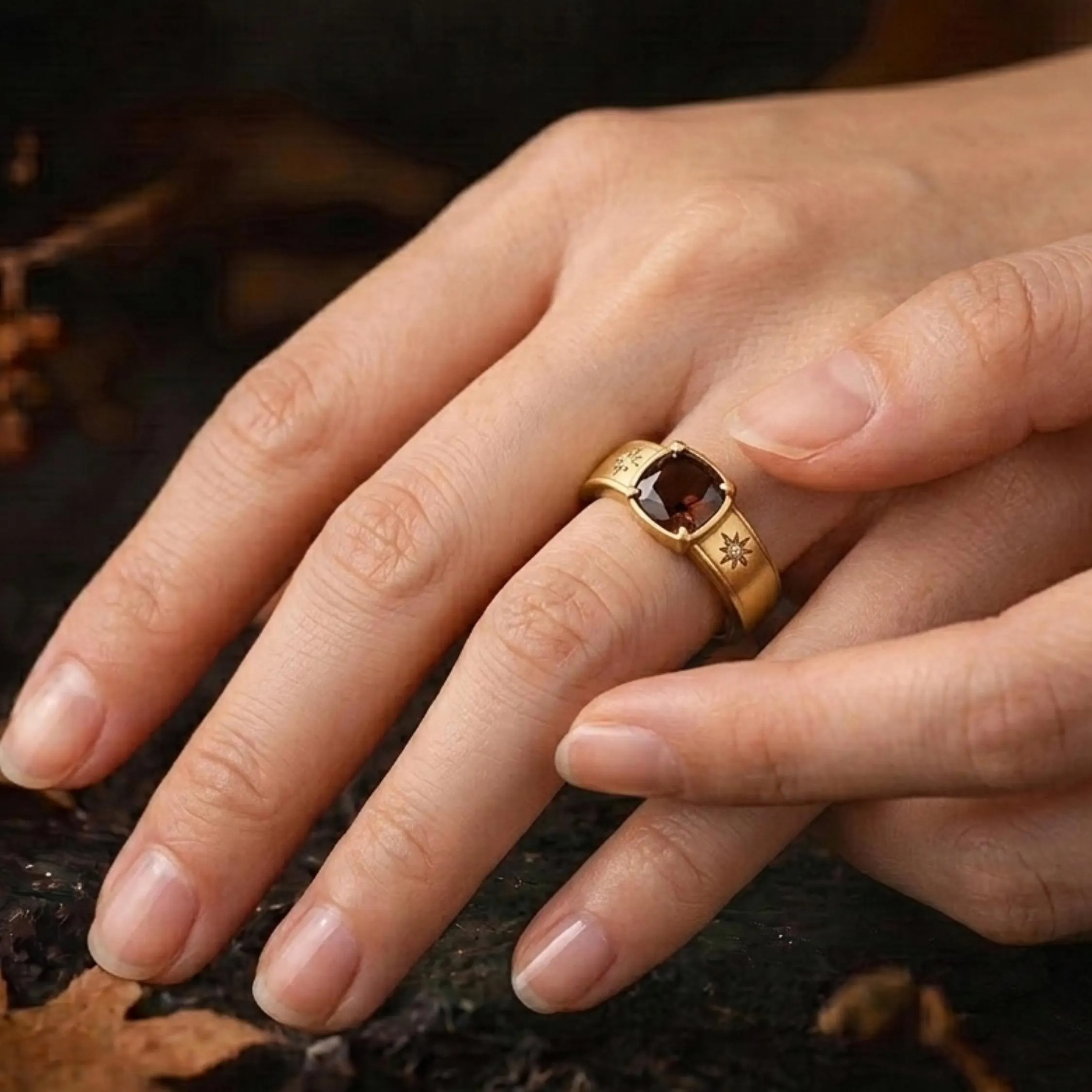 Red Garnet Solitaire Cushion Cut Wedding Ring, 18k Bold Gold Unisex Heirloom Ring, Men's Engagement Wide Band Ring, Moissanite Gift For Her