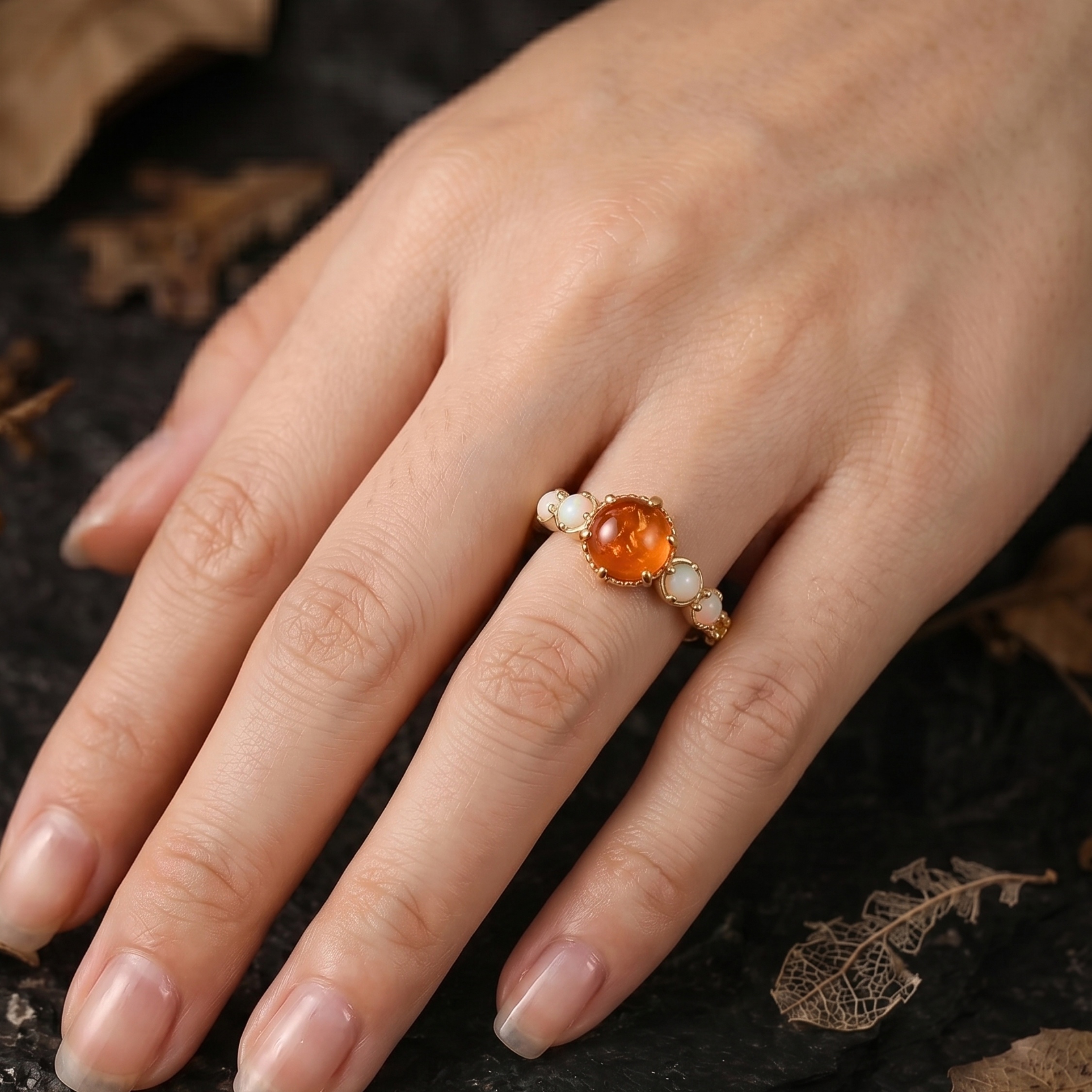 Vintage Sunstone Opal Engagement Gold Ring/Orange Gemstone Boho Statement Jewelry/June Birthstone Gift Spring Summer Trend Mother’s Day Sale