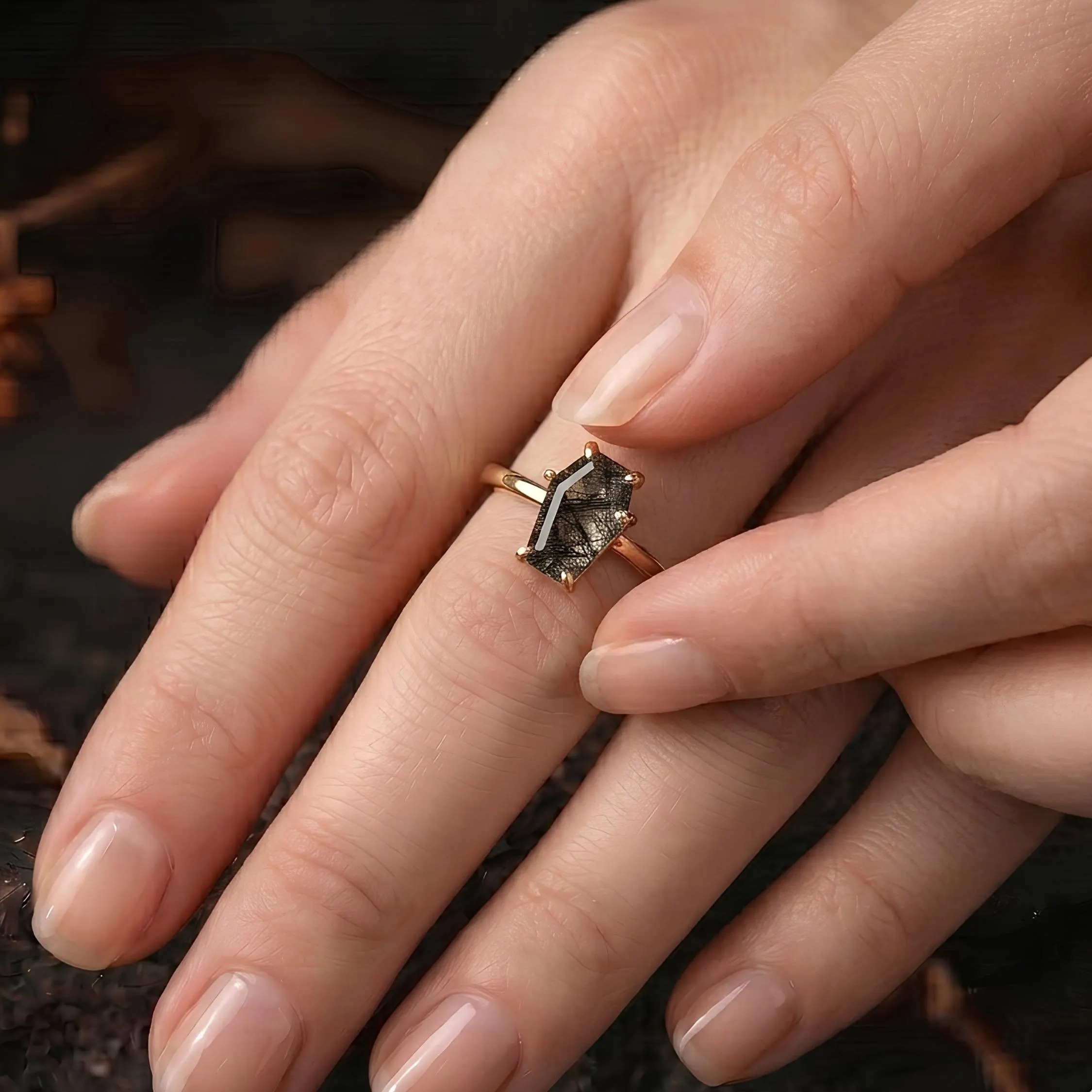 Vintage Coffin Cut Black Rutile Quartz Engagement Ring, Unique Handmade Art deco Gold Wedding Ring Bridal Promise Ring Birthday Gift For Her