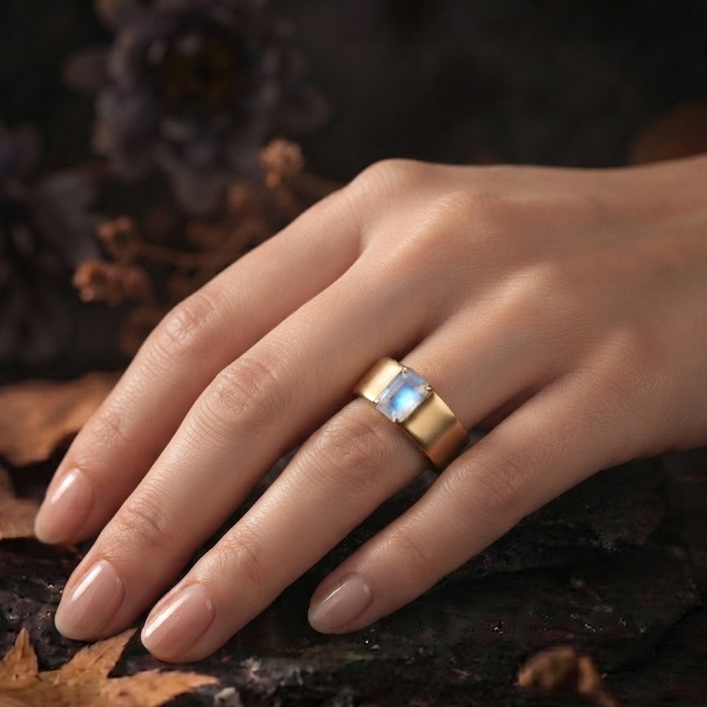 Rainbow Moonstone Emerald Cut Wedding Band, Bold Gold Men's Engagement Ring, Statement Unisex Heirloom Ring, Single Stone Ring Gift For Him