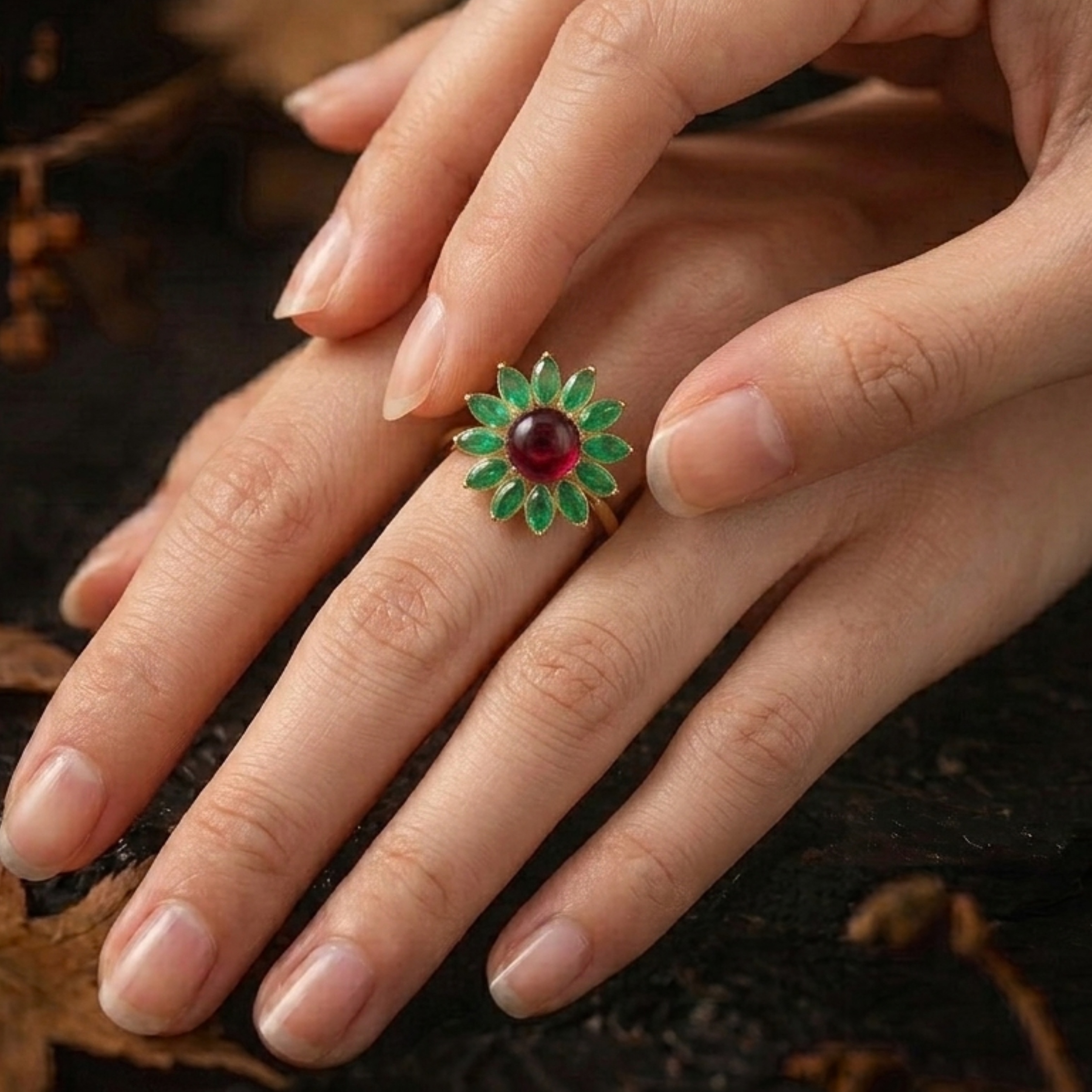 Unique Red Garnet Emerald Flower Halo Wedding Ring/Pear Emerald Engagement Ring/Vintage Art Deco Nature Inspired Bridal Jewelry Gift For Her