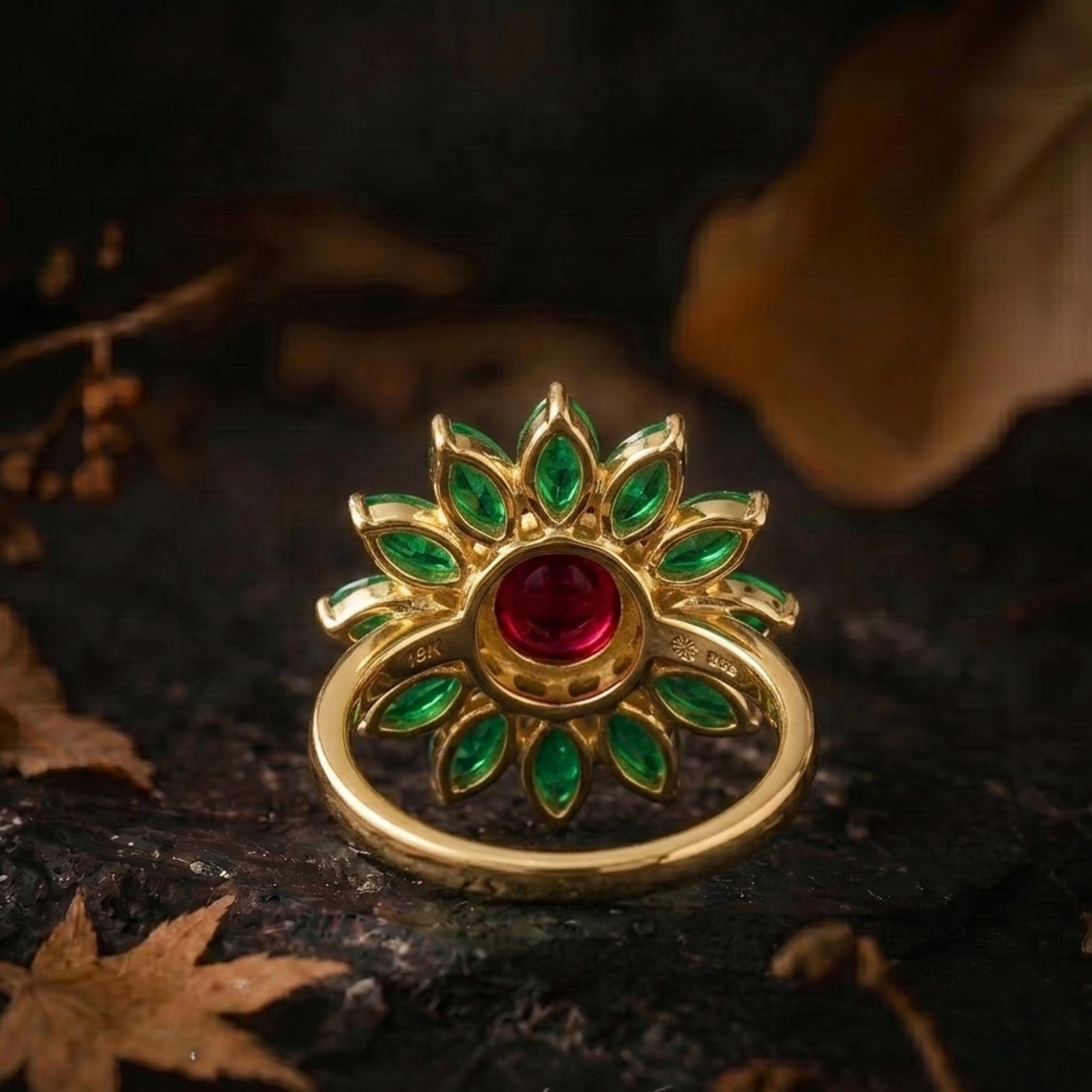 Unique Red Garnet Emerald Flower Halo Wedding Ring/Pear Emerald Engagement Ring/Vintage Art Deco Nature Inspired Bridal Jewelry Gift For Her