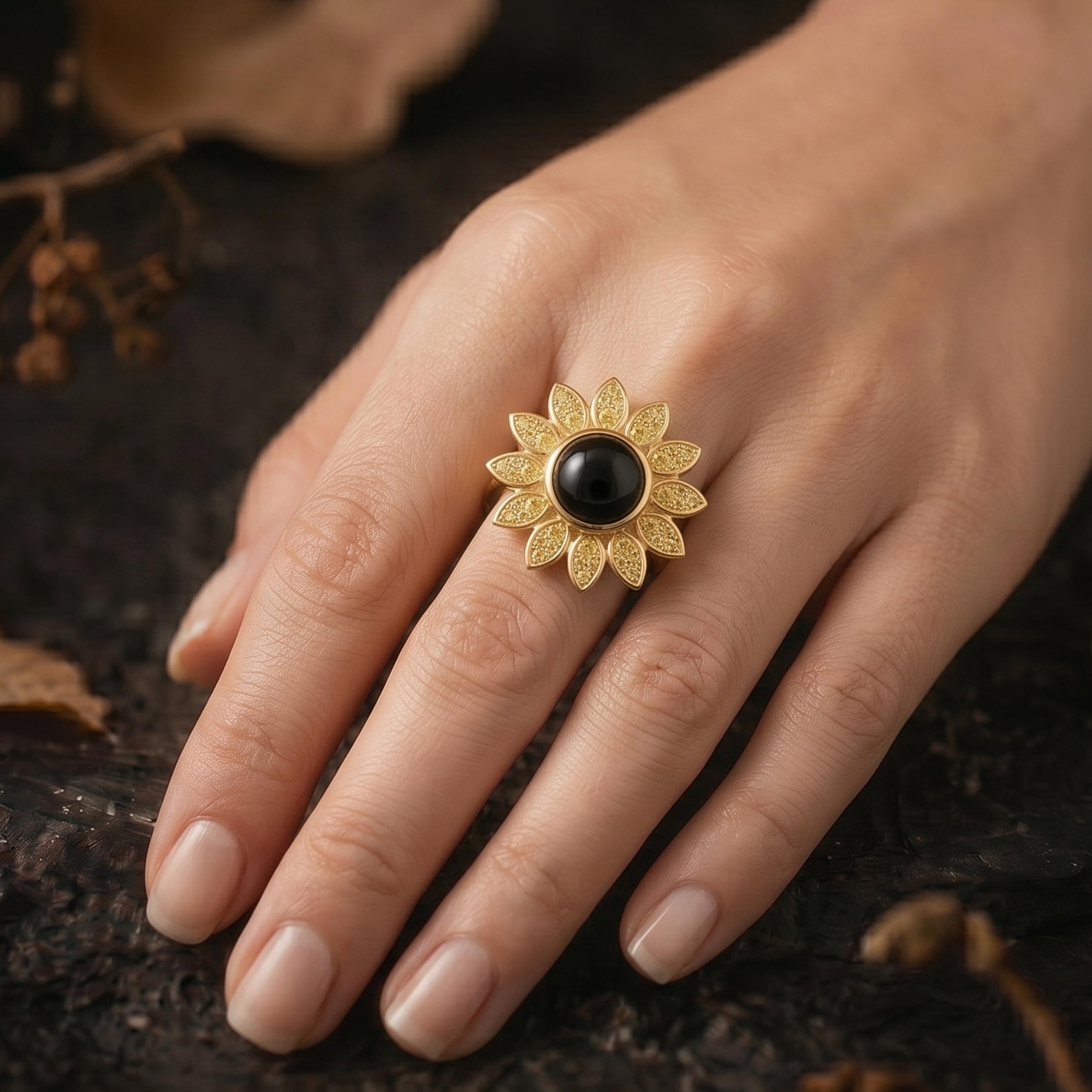 Vintage Black Onyx Diamond Flower Gold Ring, Sunflower Inspired Boho Statement Jewelry, Yellow Diamond Floral Halo Spring Summer Trend Ring