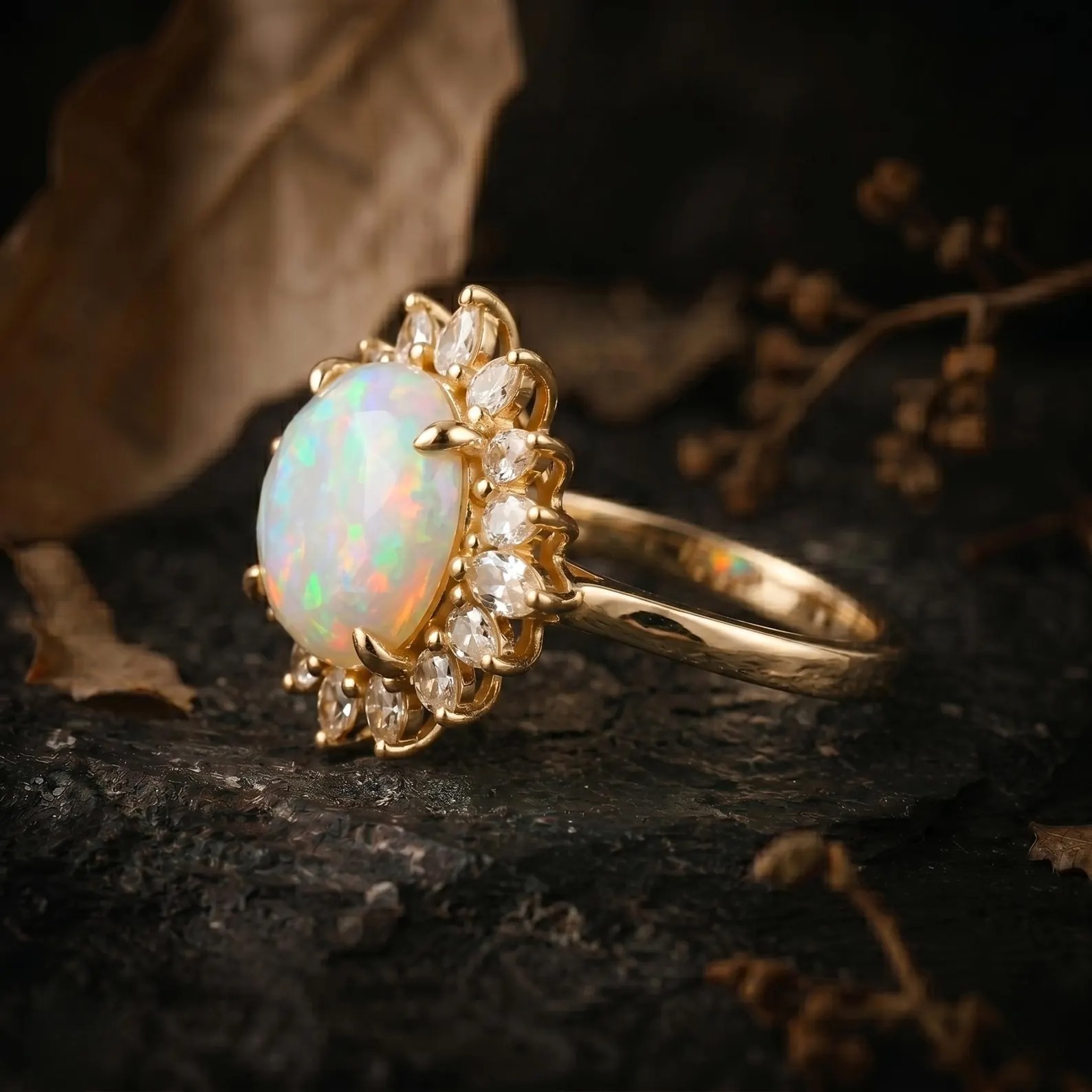 Vintage Round Opal Moissanite Wedding Ring, 14k Gold Two Stone Flower Ring Vintage Fire Opal Promise Hidden Halo Statement Ring Gift for Her