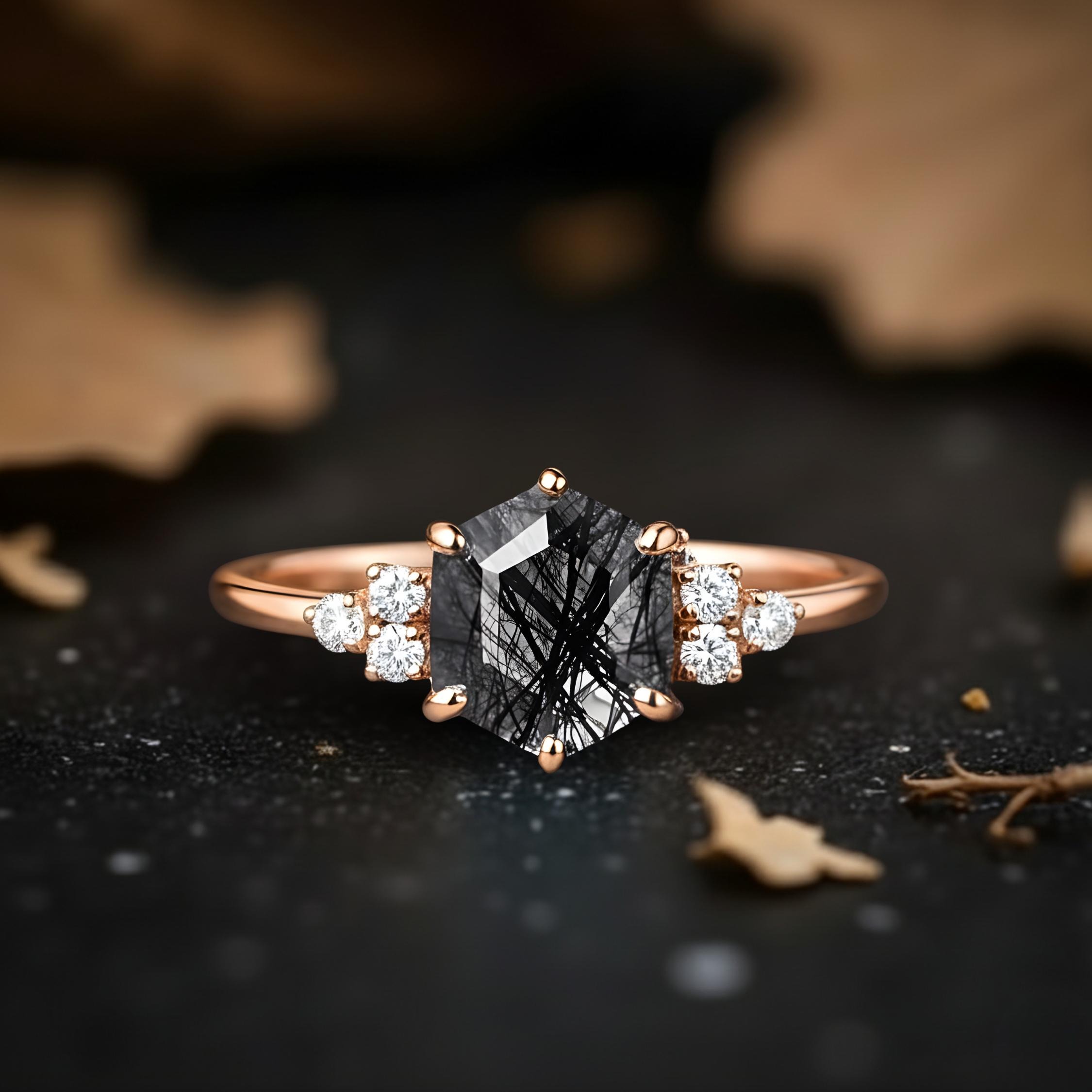 Hexagon Natural Black Rutile Quartz Gemstone Engagement Ring, Beautiful Rose Gold Anniversary Bridal Ring, Solitaire Women Promise Ring Gift