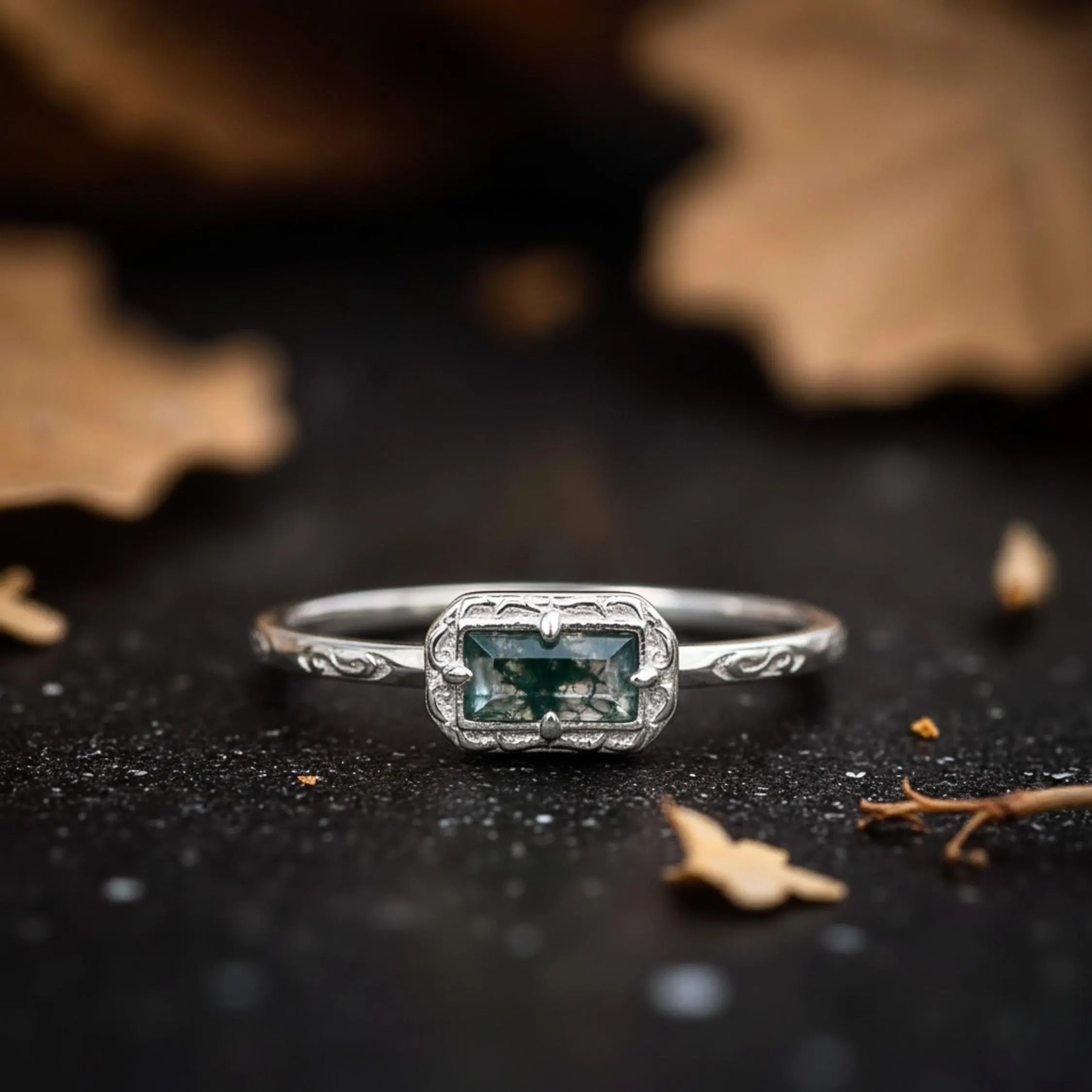 Natural Baguette Shaped Moss Agate Engagement Ring, Nature Inspired Yellow Gold Art Deco Unique Promise Ring, Anniversary Gift for Her
