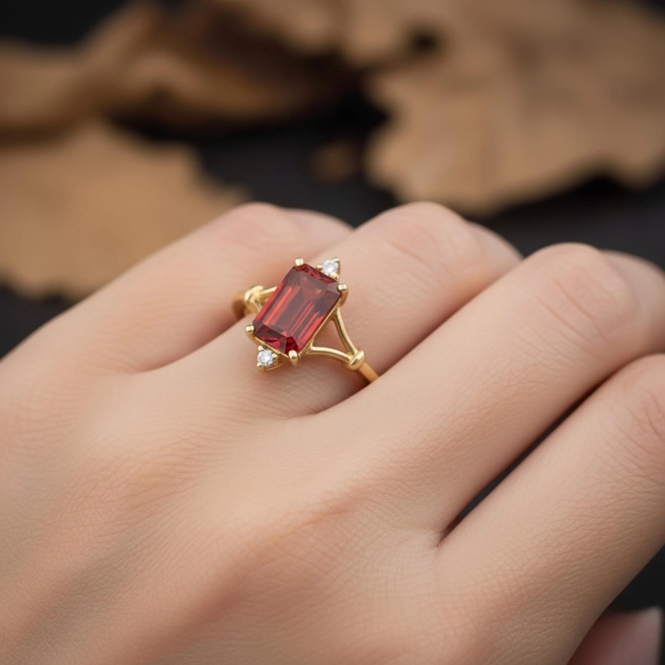 Emerald Cut Garnet Engagement Ring 14k Yellow Gold Red Garnet Wedding Ring Vintage Art Deco Solitaire Promise Ring Anniversary Gift for Her