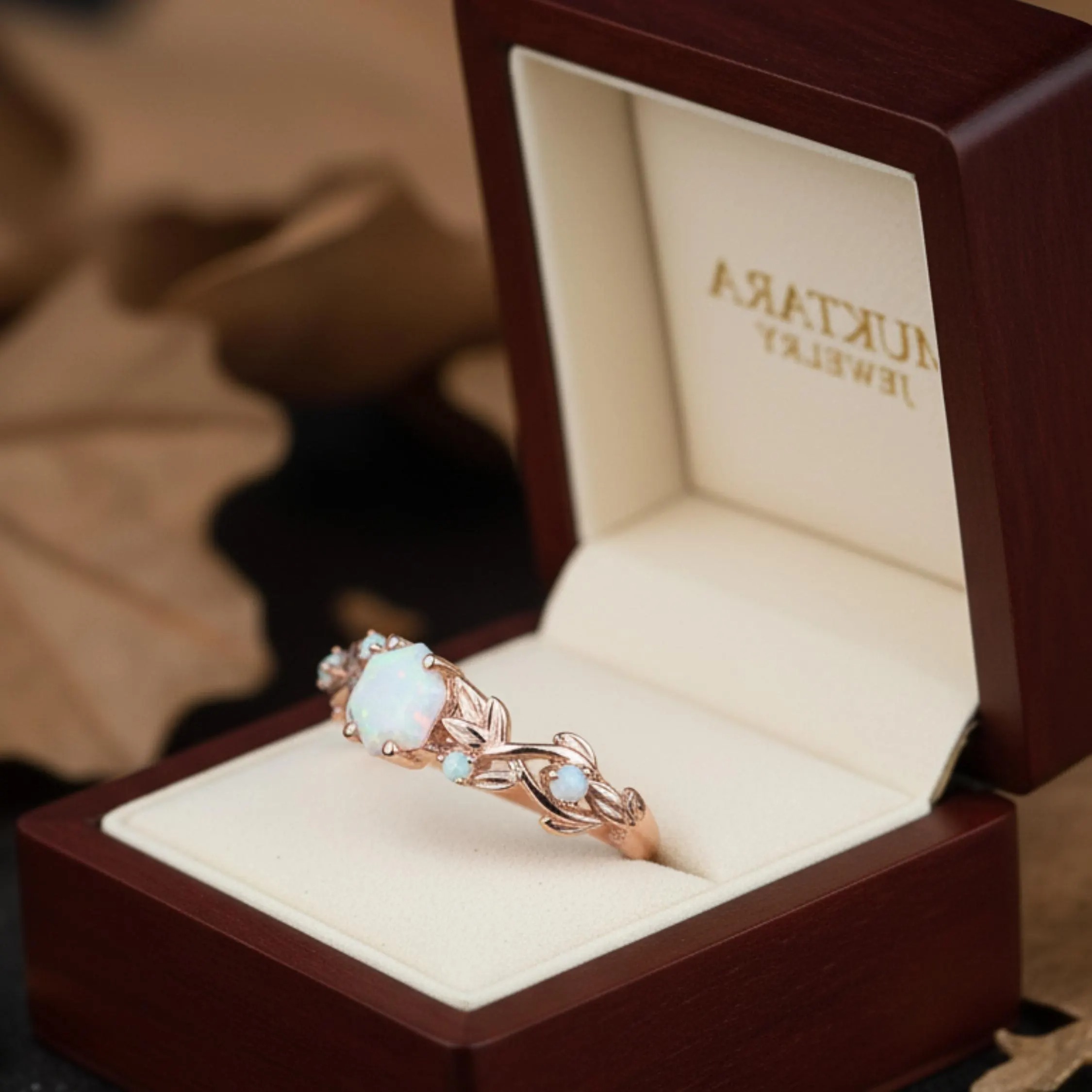 Vintage Hexagon White Opal Engagement Ring 14k Rose Gold Leaf Nature Inspired Five Stone Opal Art Deco Twisted Branch Women Wedding Ring