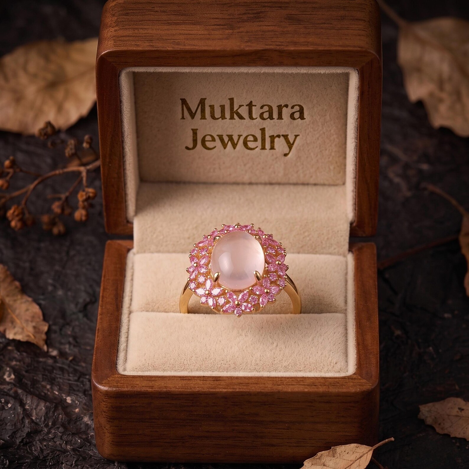 Unique Marquise Cut Flower Pink Sapphire Engagement Ring, Rose Quartz Floral Twist Promise Ring, Pink Gemstone, Leaf Design Nature Ring Gift