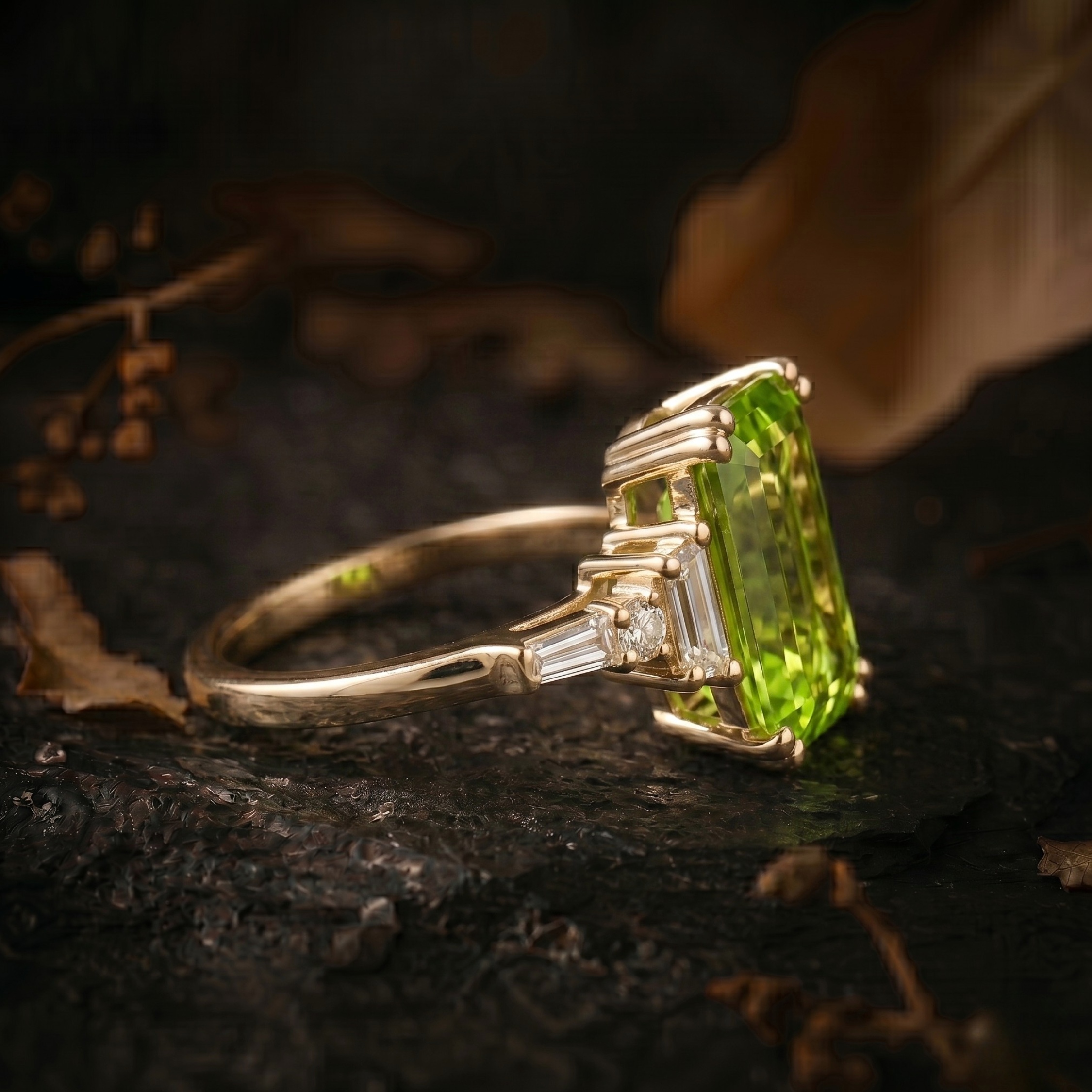 Genuine Emerald Cut Peridot Wedding Ring, 14K Gold Birthstone Jewelry, Moissanite Bridal Engagement Ring, Anniversary Birthday gift for her