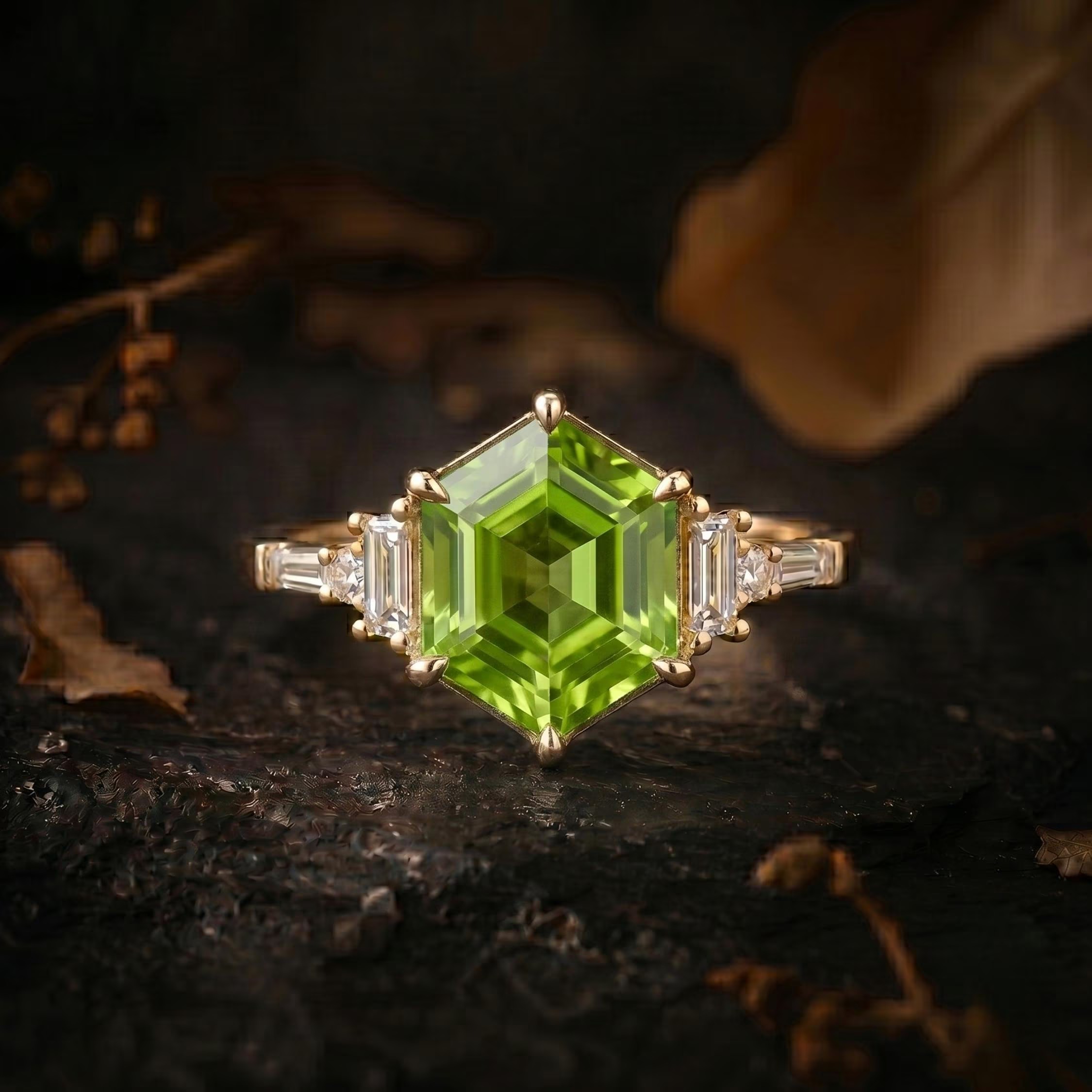 Hexagon Cut Peridot Moissanite Solitaire Engagement Ring, Moissanite Wedding Band, August Birthstone 14k Gold Art Deco Green Gemstone Gift